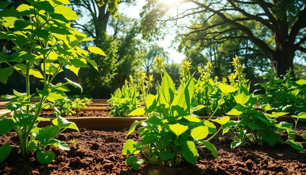 A bright, sun-dappled garden scene with lush, verdant plants thriving in a well-drained, nutrient-rich soil. In the foreground, soil gently slopes away from raised garden beds, allowing excess water to flow freely. Sunlight filters through the leaves, casting a warm, golden glow across the scene. In the middle ground, healthy, vibrant plants stretch towards the sun, their leaves rustling in a gentle breeze. The background is a backdrop of towering trees, their branches framing the composition and providing a sense of depth and natural enclosure. An overall sense of harmony, growth, and the perfect conditions for a thriving home garden. A bright, sun-dappled garden scene with lush, verdant plants thriving in a well-drained, nutrient-rich soil. In the foreground, soil gently slopes away from raised garden beds, allowing excess water to flow freely. Sunlight filters through the leaves, casting a warm, golden glow across the scene. In the middle ground, healthy, vibrant plants stretch towards the sun, their leaves rustling in a gentle breeze. The background is a backdrop of towering trees, their branches framing the composition and providing a sense of depth and natural enclosure. An overall sense of harmony, growth, and the perfect conditions for a thriving home garden.