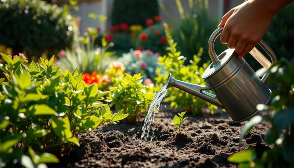 A serene scene of a gardener carefully tending to their plants. In the foreground, delicate hands gently prune lush, verdant foliage, shaping the plants with precision. The middle ground features a watering can, its spout gently showering the soil with life-giving water. In the background, a sun-dappled garden oasis, with vibrant flowers and verdant shrubs creating a harmonious composition. The lighting is soft and natural, casting a warm, golden glow across the scene. The angle is close and intimate, inviting the viewer to experience the calming ritual of plant care. Evoke a sense of tranquility, attention to detail, and the joy of nurturing living things. A serene scene of a gardener carefully tending to their plants. In the foreground, delicate hands gently prune lush, verdant foliage, shaping the plants with precision. The middle ground features a watering can, its spout gently showering the soil with life-giving water. In the background, a sun-dappled garden oasis, with vibrant flowers and verdant shrubs creating a harmonious composition. The lighting is soft and natural, casting a warm, golden glow across the scene. The angle is close and intimate, inviting the viewer to experience the calming ritual of plant care. Evoke a sense of tranquility, attention to detail, and the joy of nurturing living things.
