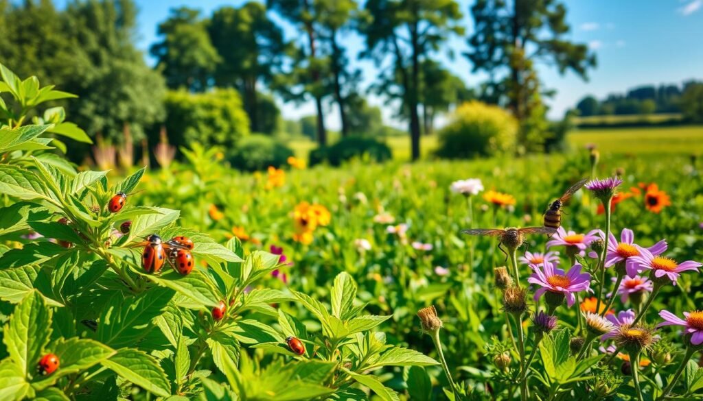 A vibrant garden filled with lush foliage and thriving plants, illuminated by soft, natural lighting. In the foreground, an array of beneficial insects like ladybugs, lacewings, and praying mantises are depicted delicately perched on the leaves, symbolizing their role as natural pest controllers. The middle ground showcases an assortment of herbal plants and flowers, their fragrant blooms and aromatic leaves serving as natural deterrents against unwanted pests. In the background, a serene, verdant landscape with towering trees and a clear blue sky creates a calming, harmonious atmosphere, emphasizing the beauty and balance of this sustainable, low-effort gardening approach. A vibrant garden filled with lush foliage and thriving plants, illuminated by soft, natural lighting. In the foreground, an array of beneficial insects like ladybugs, lacewings, and praying mantises are depicted delicately perched on the leaves, symbolizing their role as natural pest controllers. The middle ground showcases an assortment of herbal plants and flowers, their fragrant blooms and aromatic leaves serving as natural deterrents against unwanted pests. In the background, a serene, verdant landscape with towering trees and a clear blue sky creates a calming, harmonious atmosphere, emphasizing the beauty and balance of this sustainable, low-effort gardening approach.