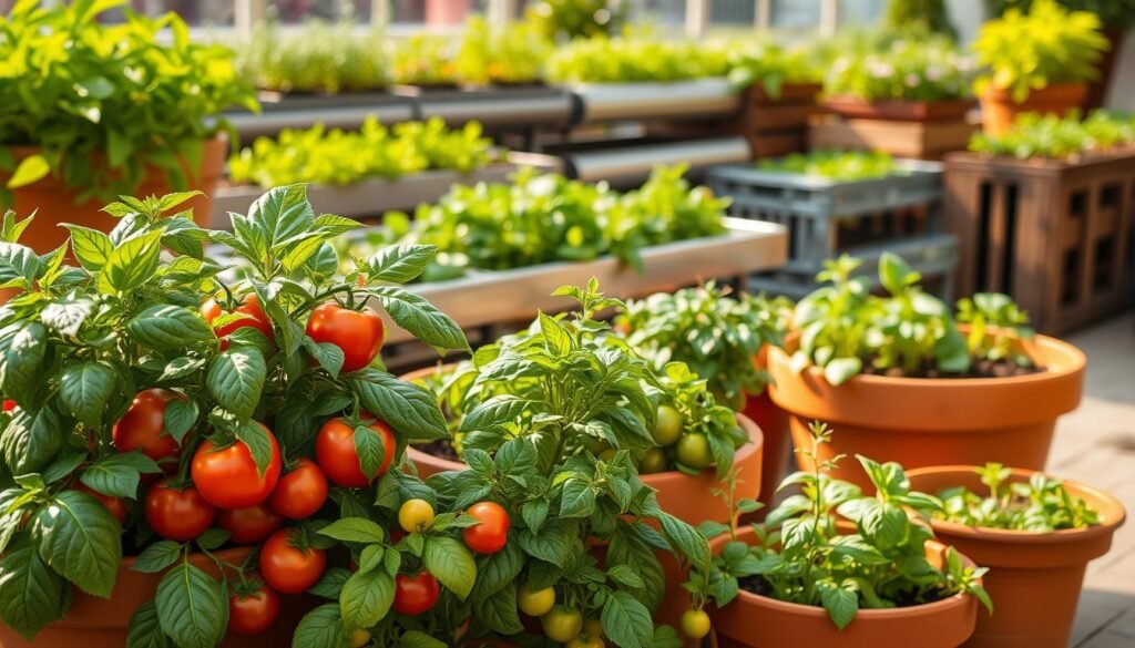 A well-lit, cheerful container garden filled with thriving vegetables. In the foreground, lush tomato plants, vibrant bell peppers, and crisp leafy greens spill over the edges of terracotta pots. In the middle ground, clusters of fragrant herbs like basil and thyme add pops of green and texture. The background features a neatly arranged array of additional planters, from sleek metal troughs to rustic wooden crates, all brimming with productive vegetables. Warm, natural light filters through, casting a cozy, inviting glow across the scene. The overall composition exudes a sense of abundance, simplicity, and the joy of urban gardening. A well-lit, cheerful container garden filled with thriving vegetables. In the foreground, lush tomato plants, vibrant bell peppers, and crisp leafy greens spill over the edges of terracotta pots. In the middle ground, clusters of fragrant herbs like basil and thyme add pops of green and texture. The background features a neatly arranged array of additional planters, from sleek metal troughs to rustic wooden crates, all brimming with productive vegetables. Warm, natural light filters through, casting a cozy, inviting glow across the scene. The overall composition exudes a sense of abundance, simplicity, and the joy of urban gardening.