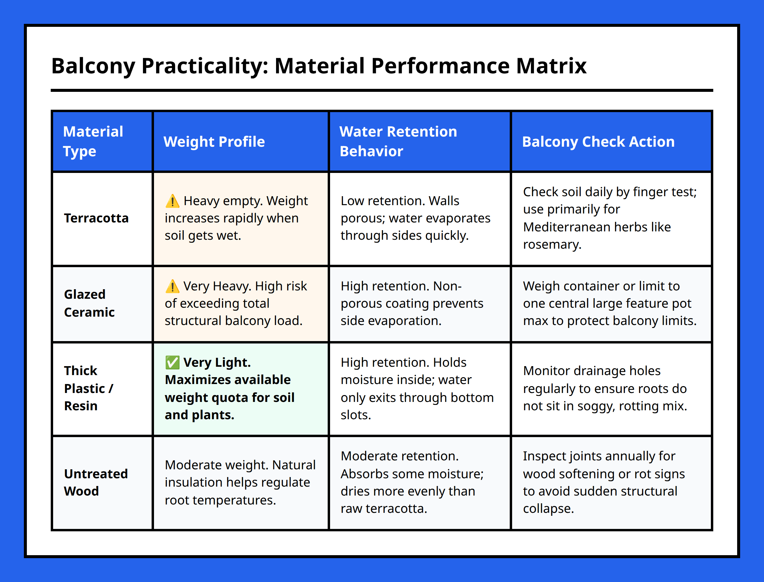 Comparison table matching terracotta, ceramic, plastic, and wood against weight and moisture retention.