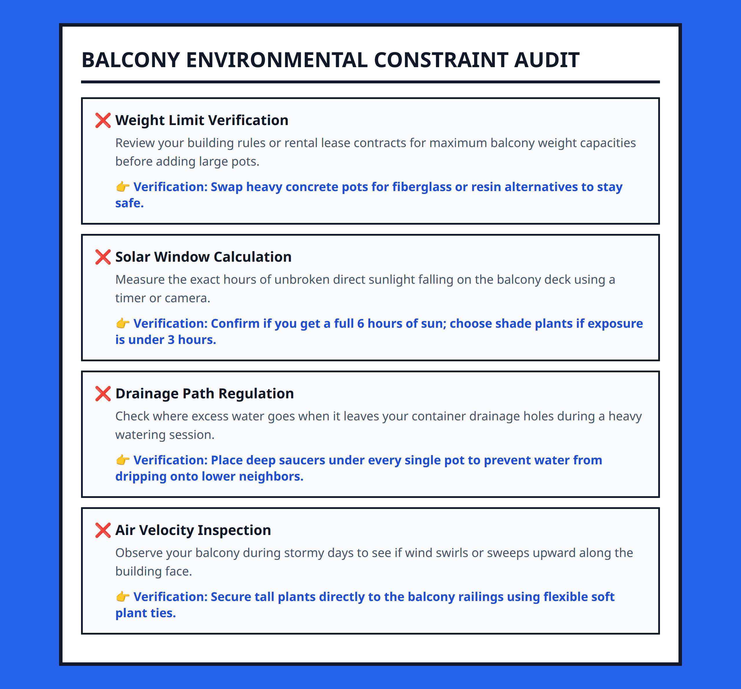 Environmental checklist for auditing balcony garden constraints and structural rules