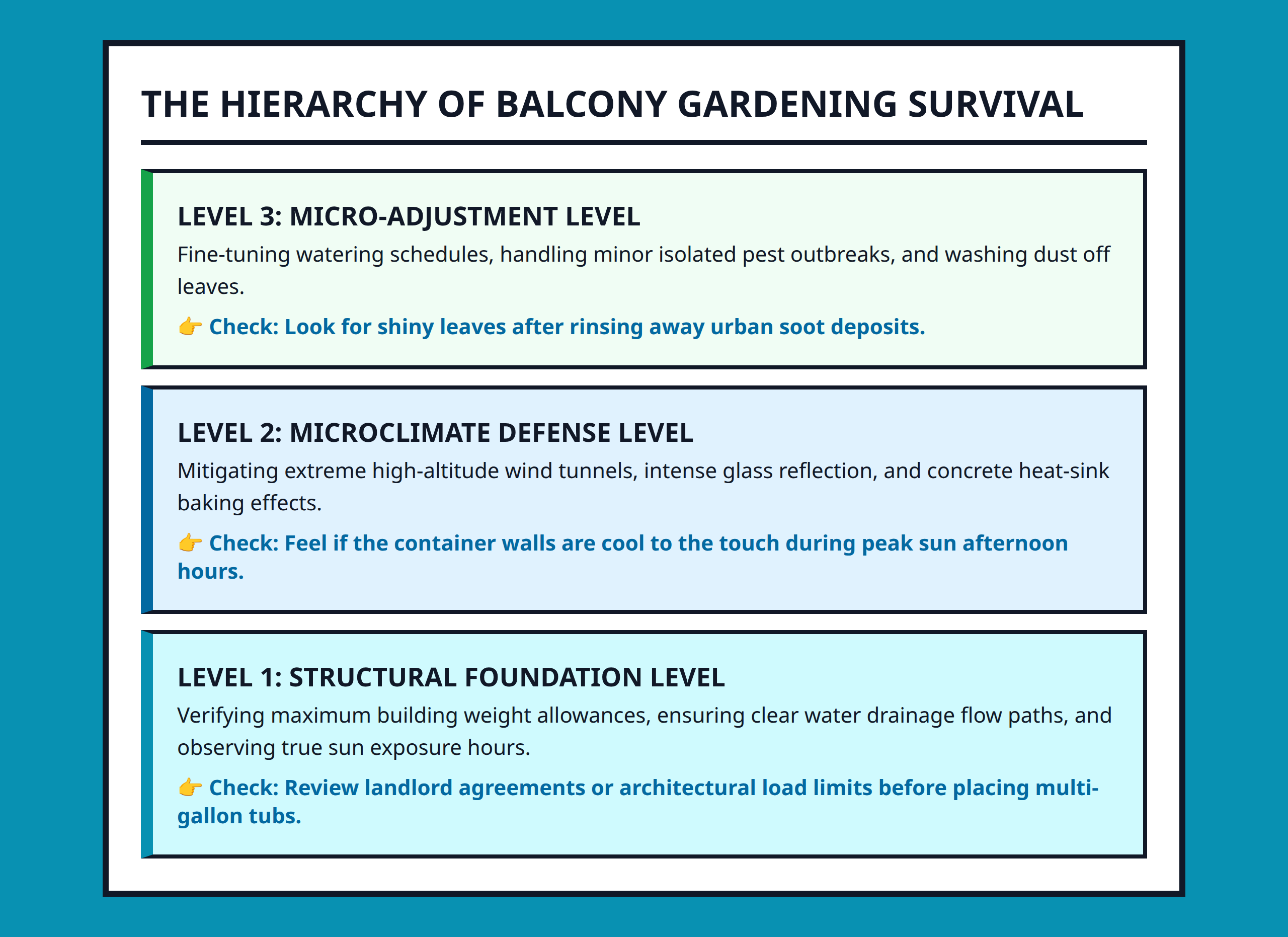 Pyramid diagram detailing the hierarchy of balcony gardening environmental constraints