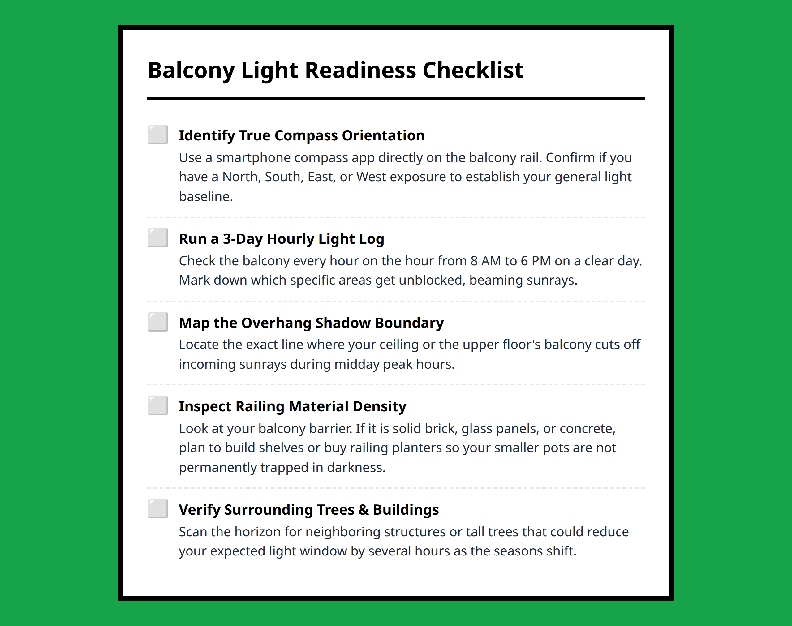 A checklist for diagnosing balcony sunlight conditions for beginner gardeners