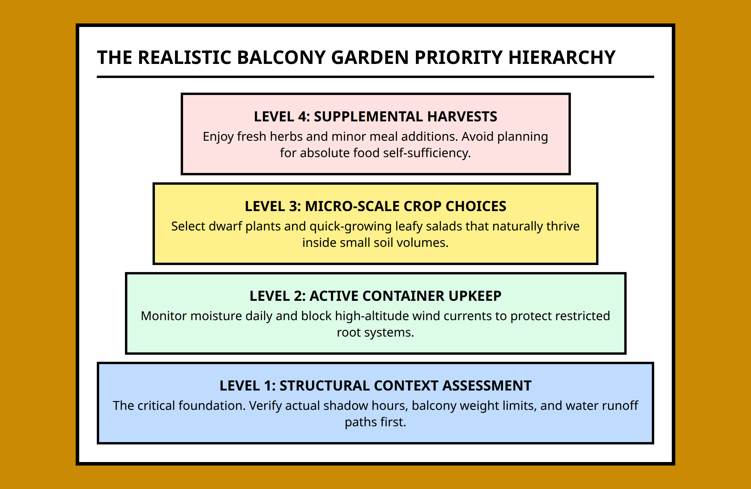 Pyramid graphic outlining the hierarchy of realistic expectations for balcony urban gardening success.