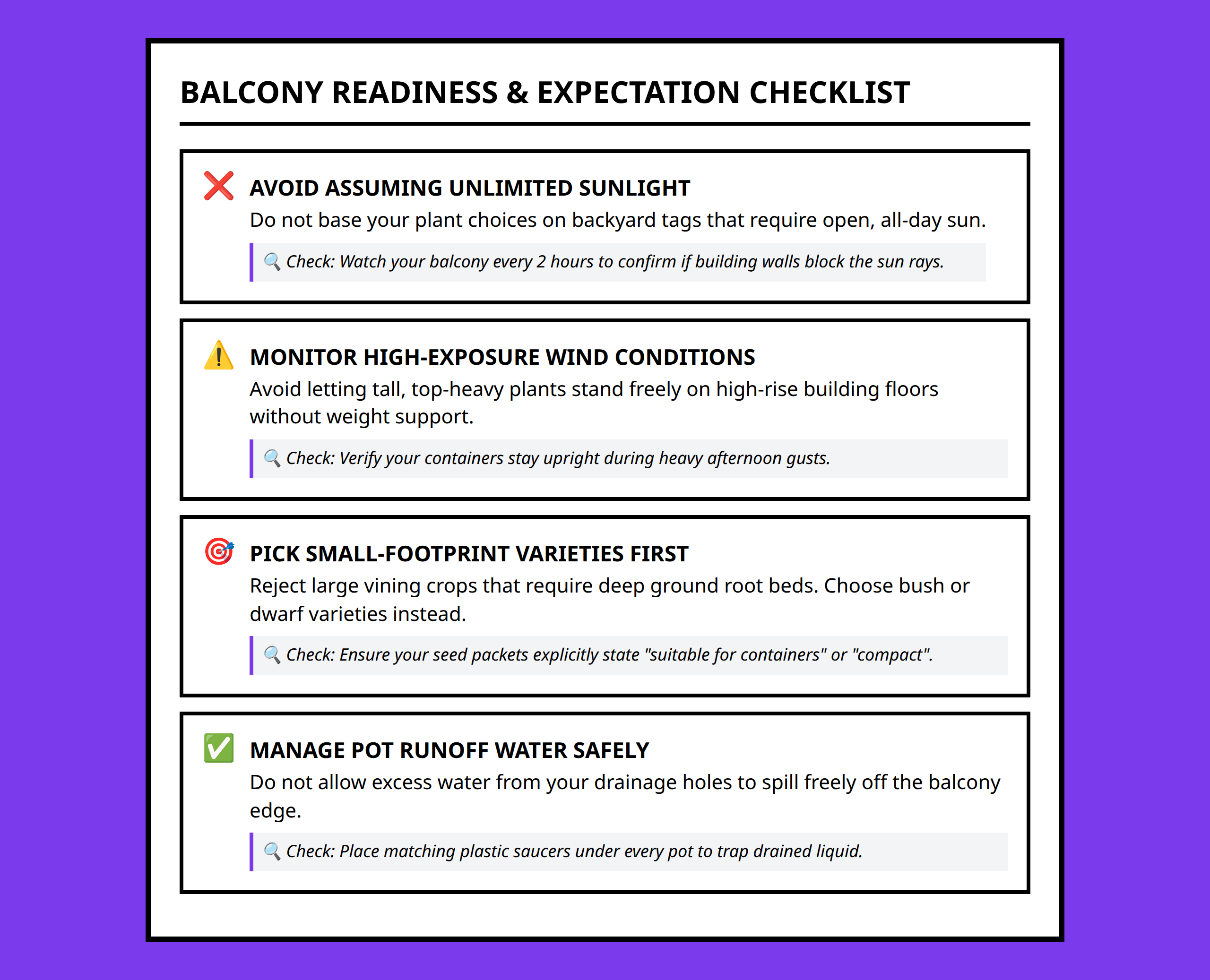 Checklist for urban gardeners to test their balcony expectations and avoid common backyard mistakes.