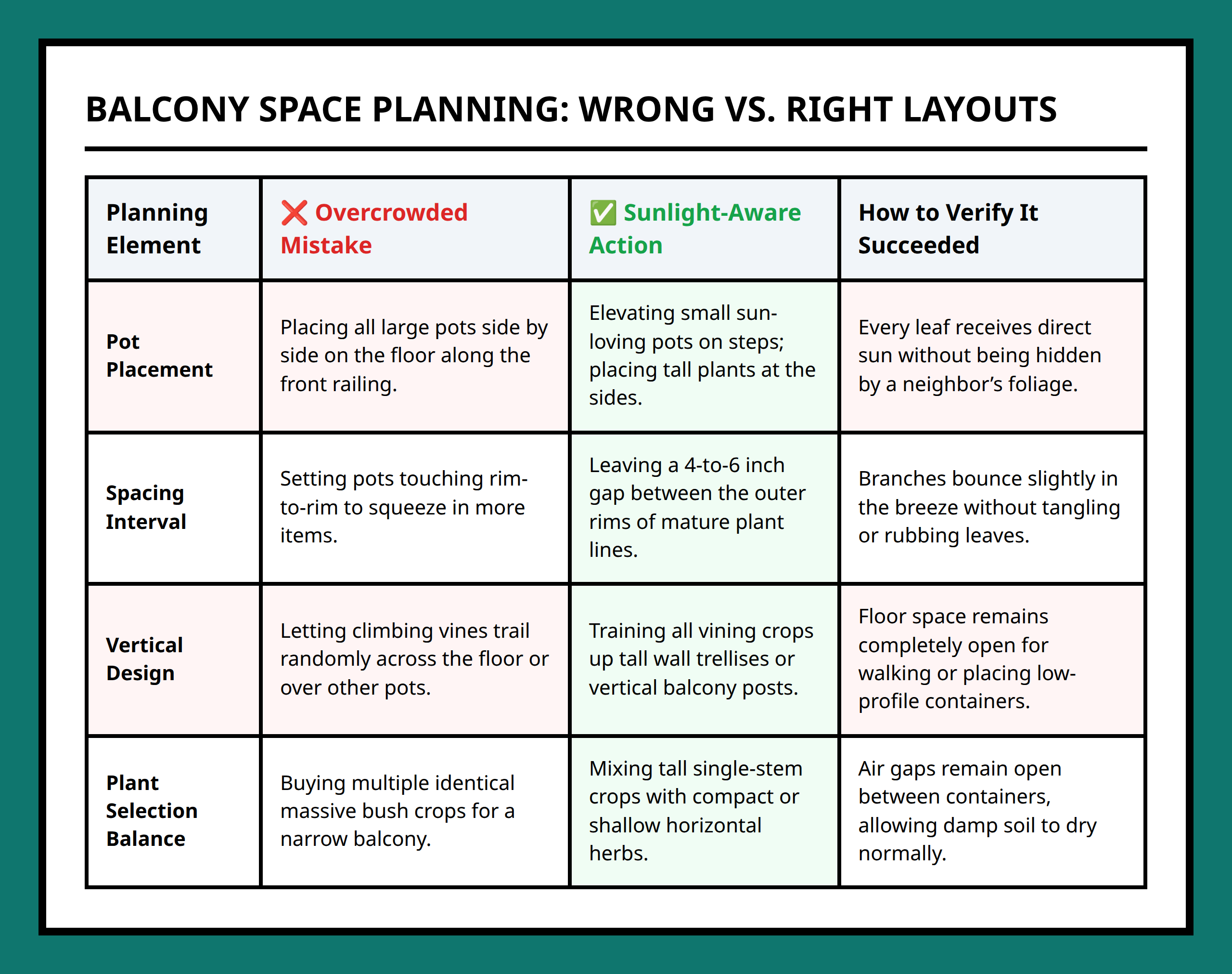 Comparison table between overcrowded balconies and organized sunlight aware layouts
