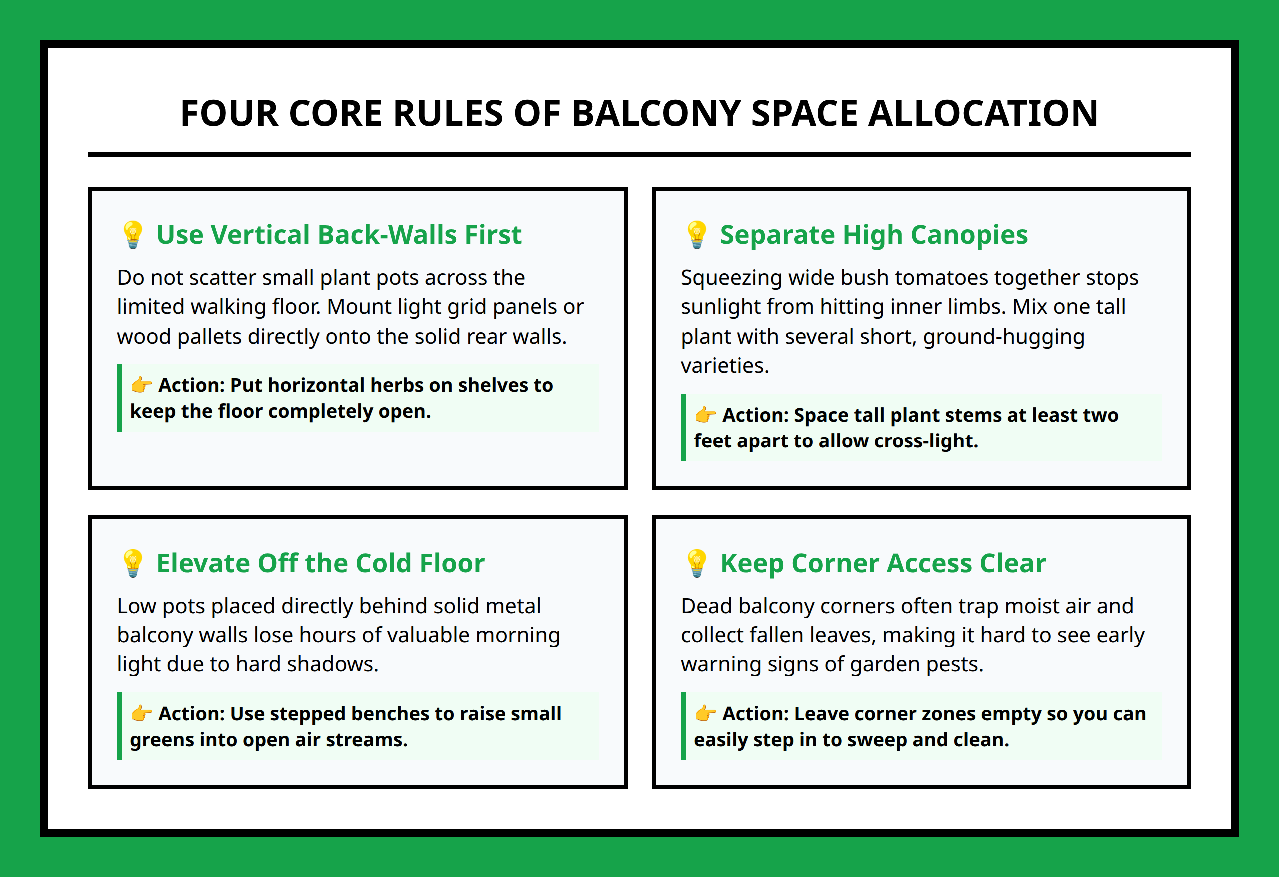 Card grid explaining the core space allocation rules for small balcony gardens
