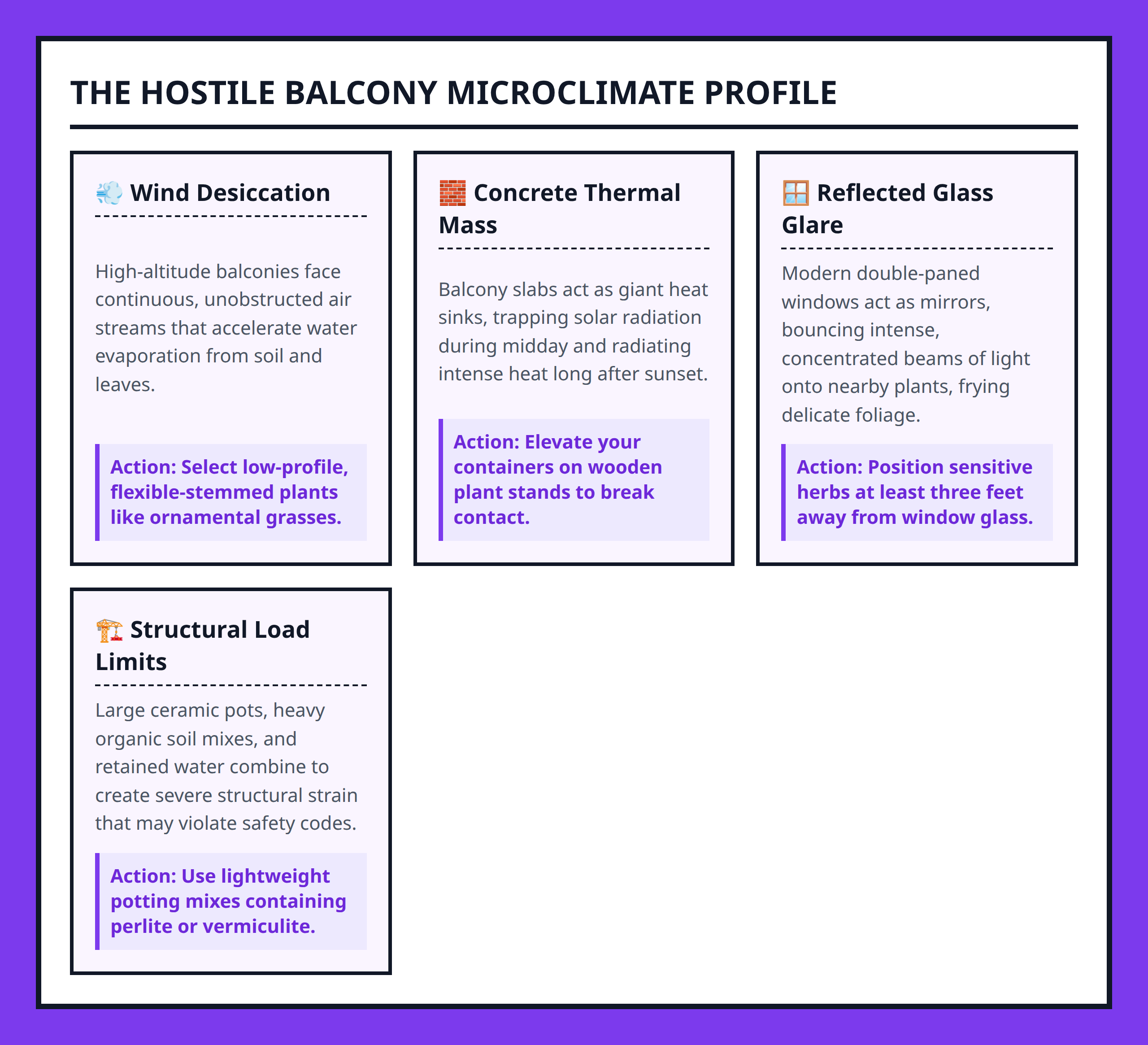Card grid explaining the core environmental enemies facing balcony container gardens
