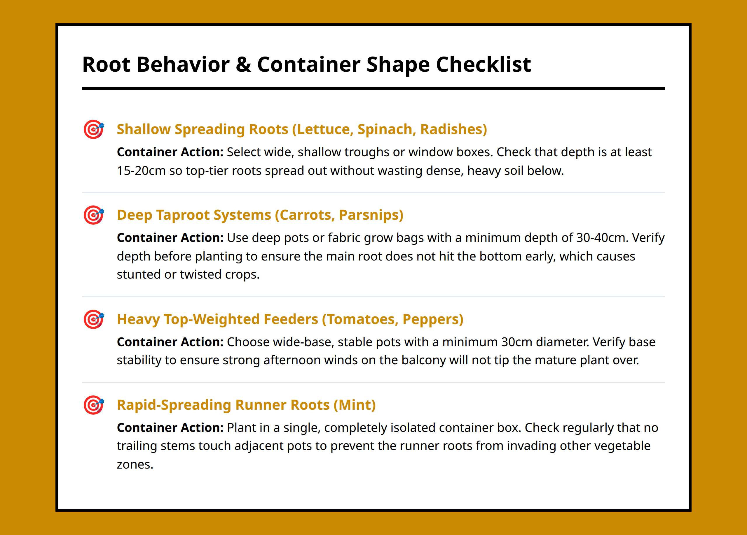 Root behavior and container selection matching checklist for herbs and vegetables.
