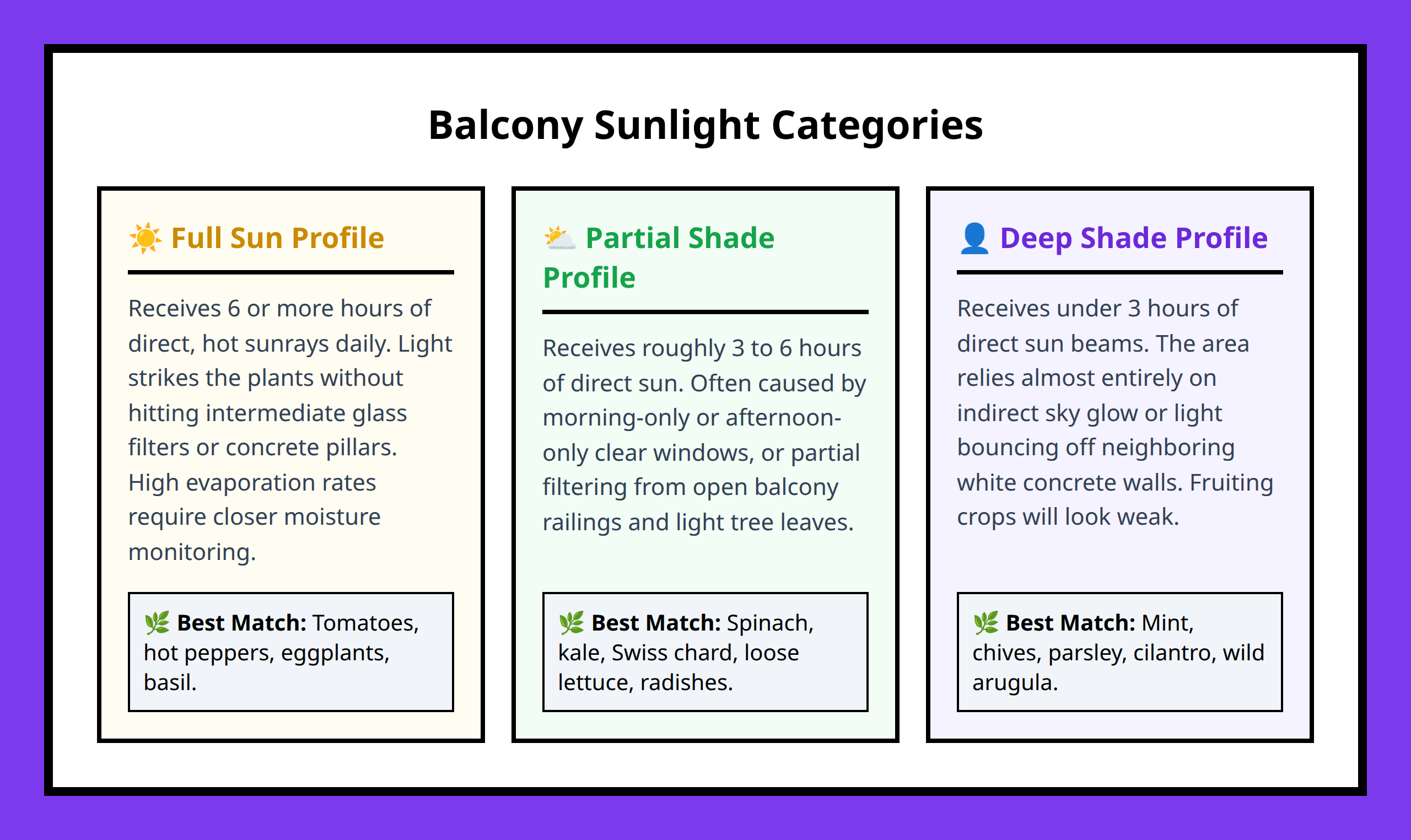 Card grid explaining the three major types of balcony sunlight exposures and recommendations