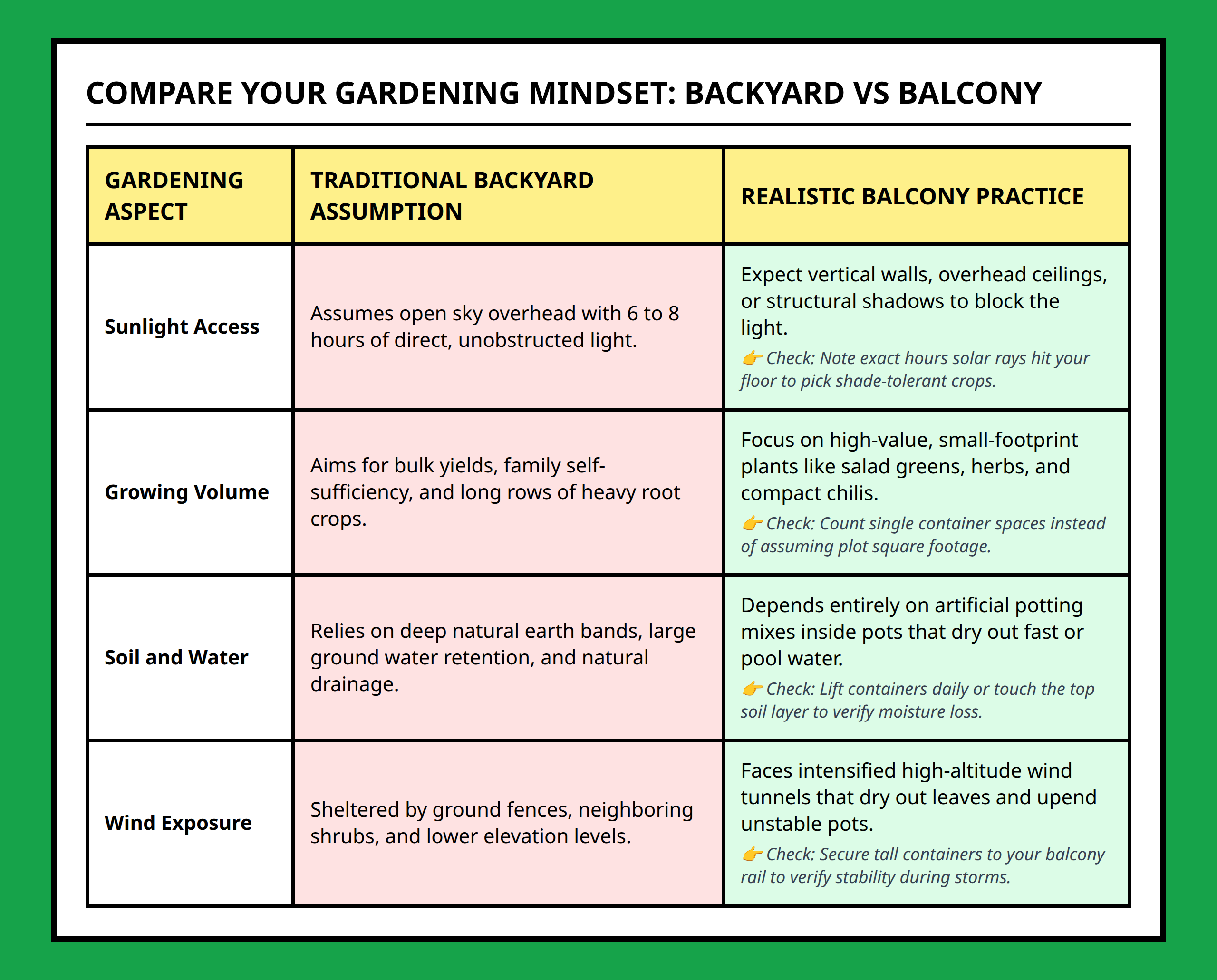 Comparison Table contrasting traditional backyard expectations with realistic balcony gardening conditions.