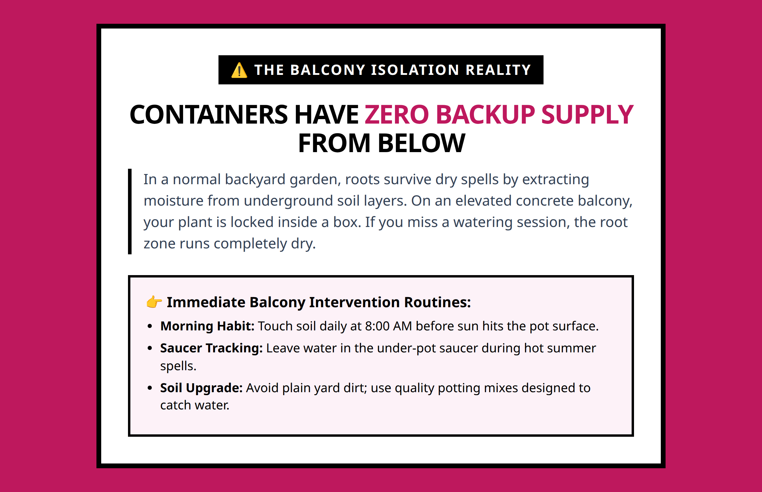 Core visual warning poster explaining why minor watering gaps kill container plants