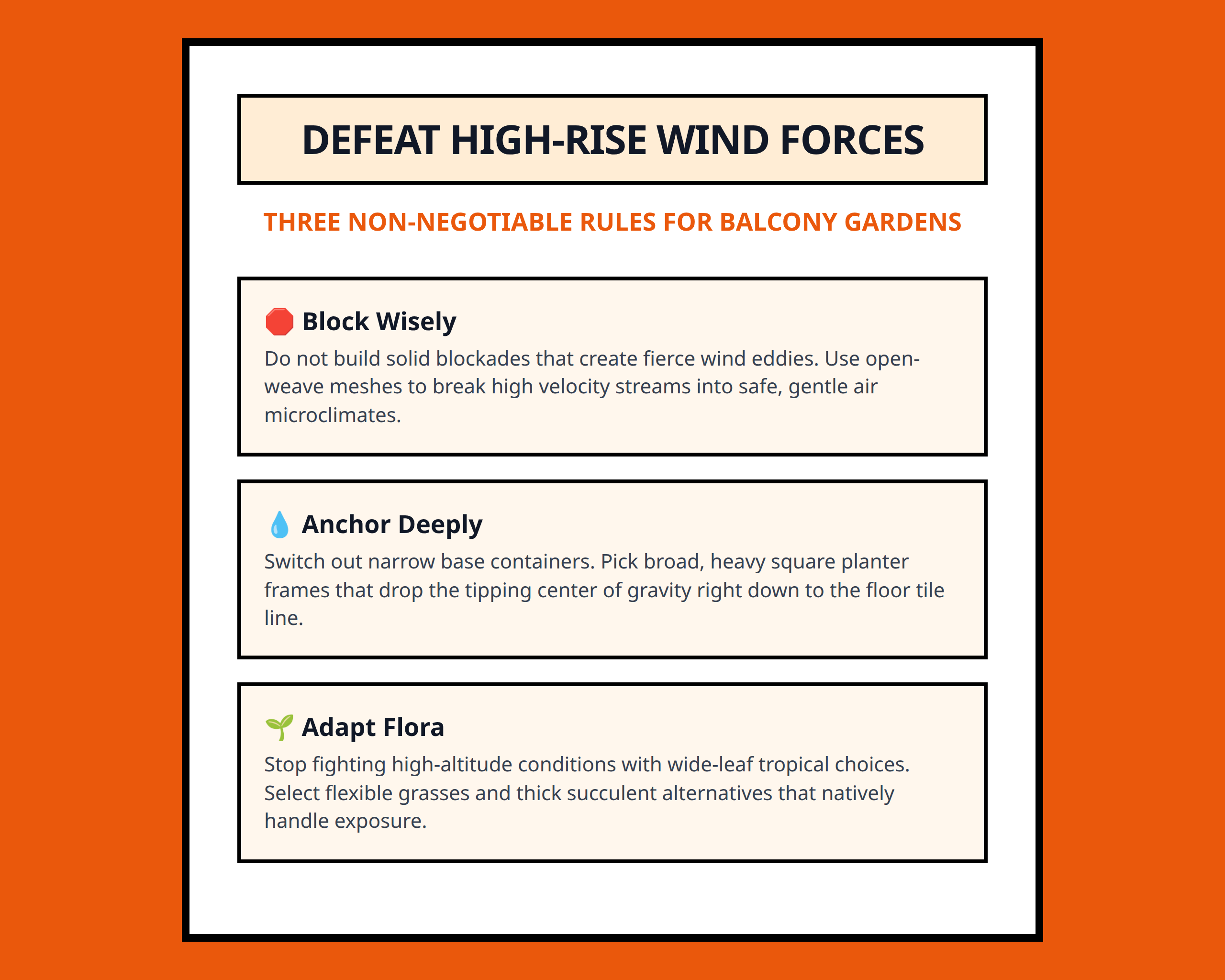 Mini poster summary showing core wind management rules for high-rise balconies.
