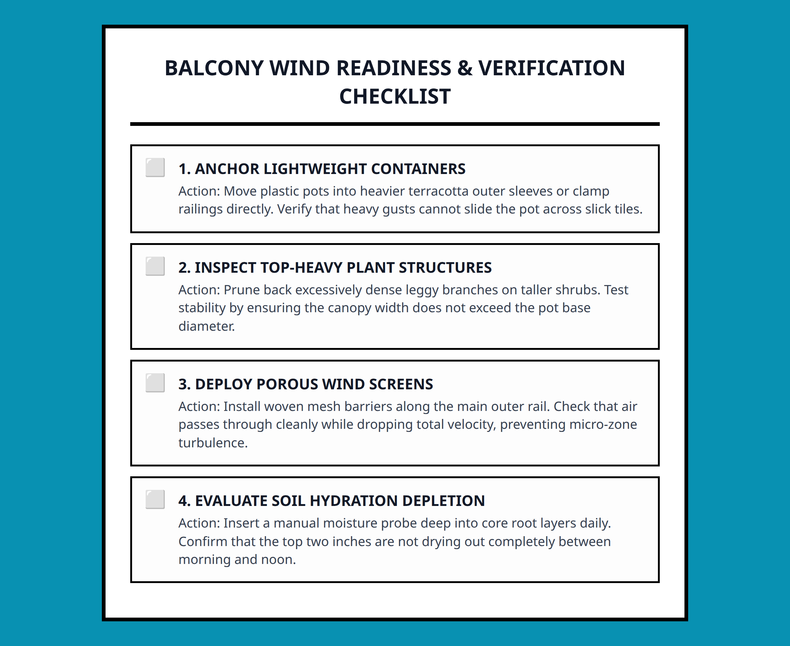 Checklist outlining specific safety items and action verifications for windy balcony environments.