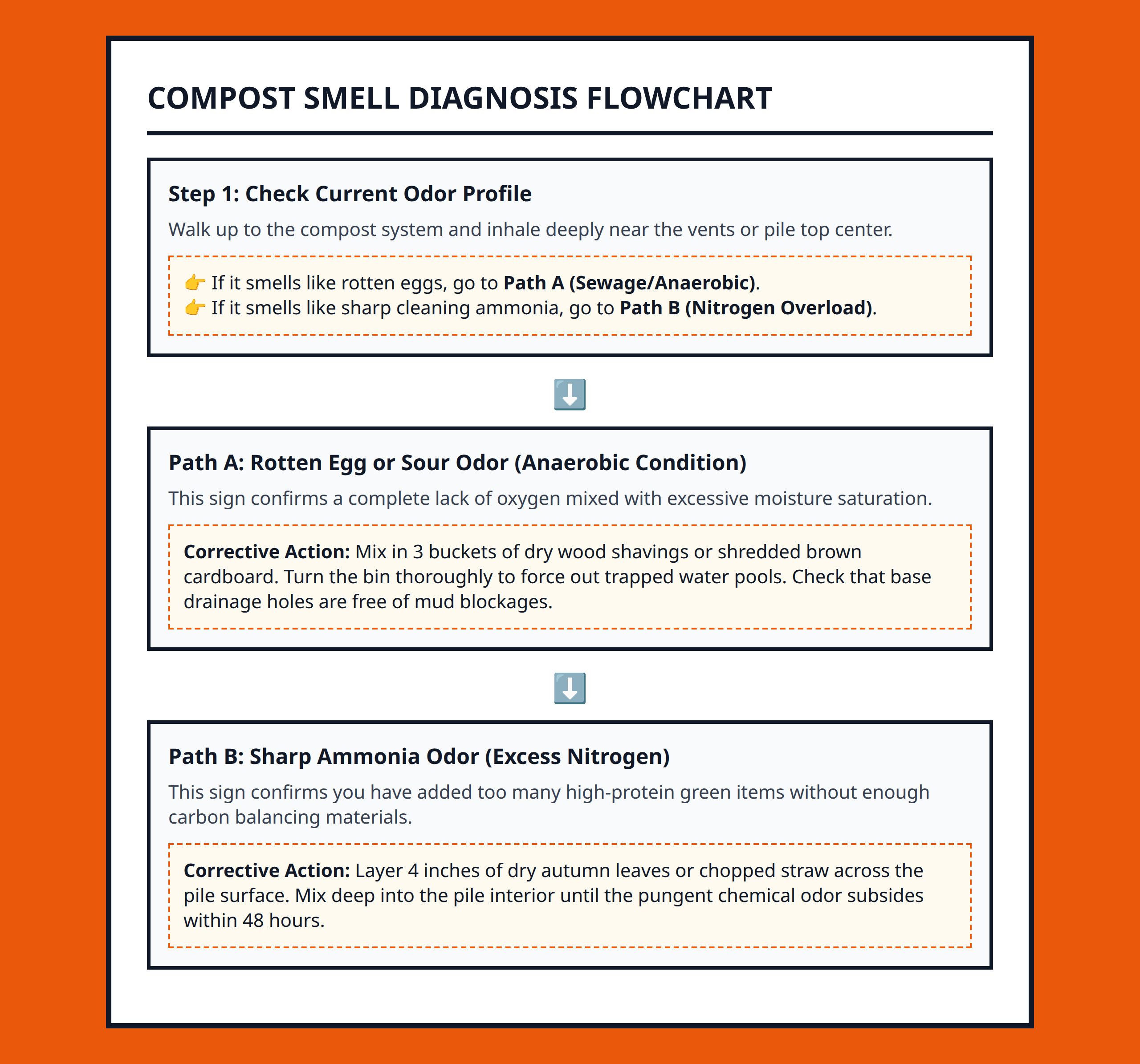Compost pile smell diagnosis flowchart tool for gardeners