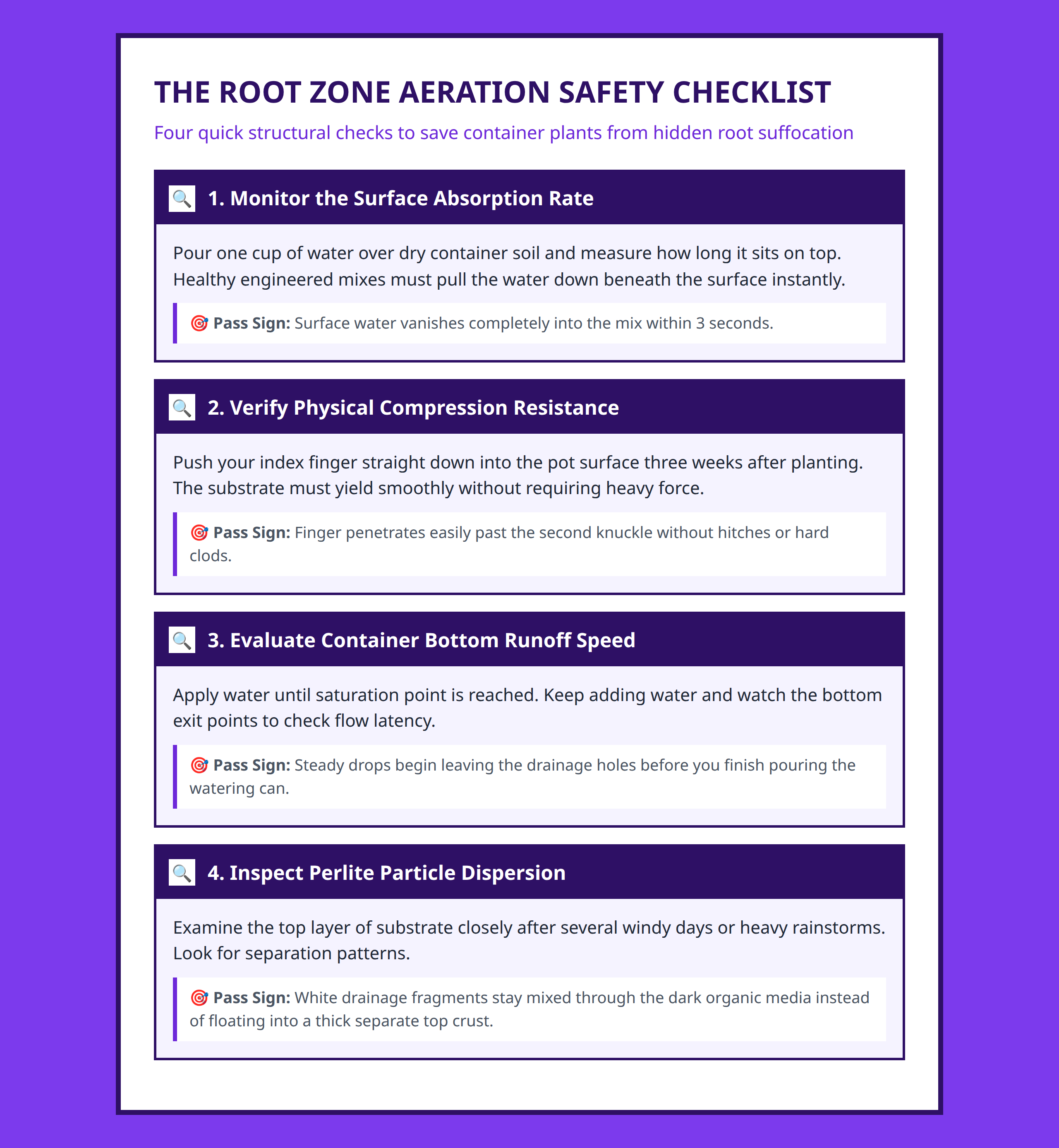 Root zone physical check list to verify structural integrity and prevent compaction