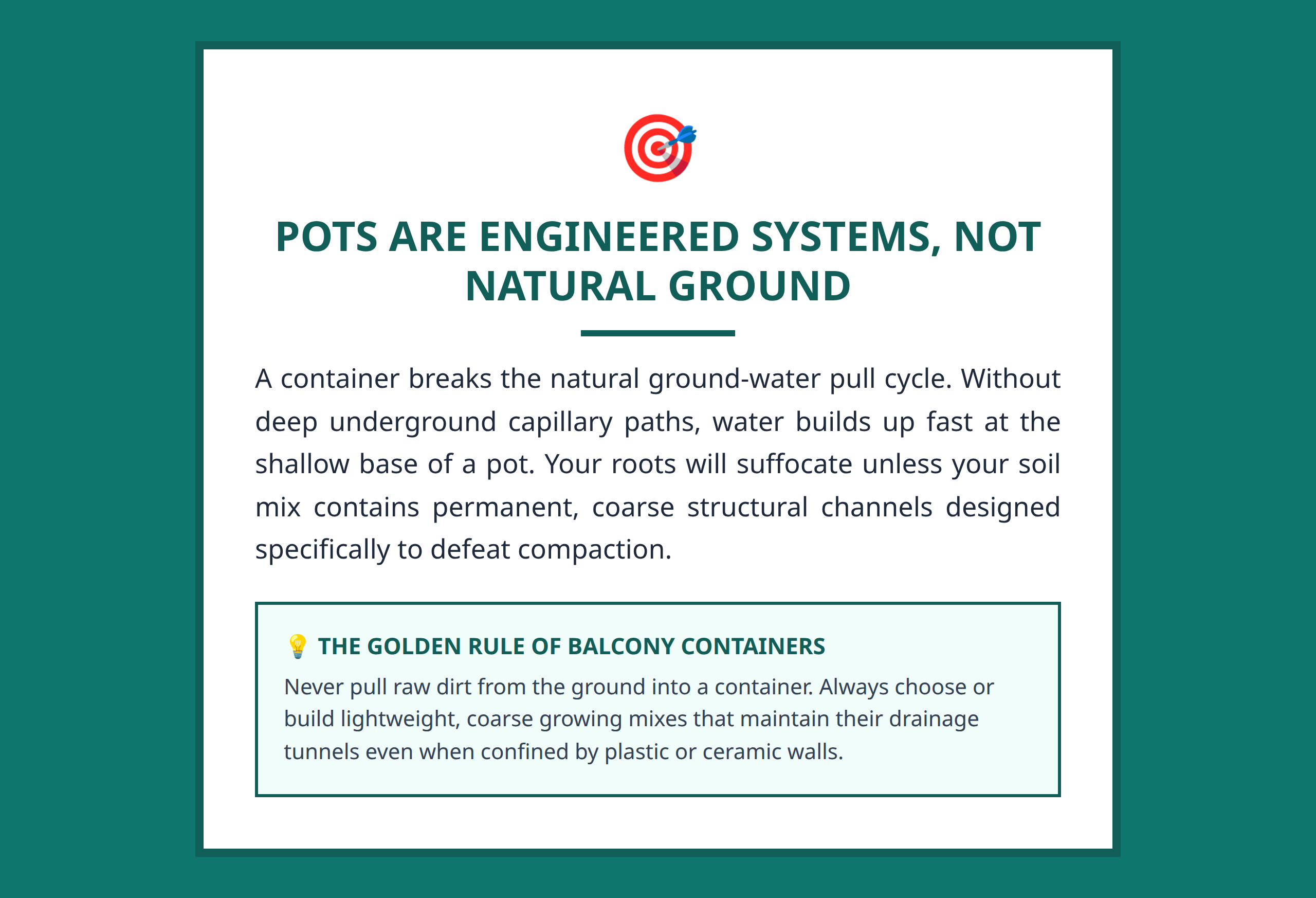 Core educational summary poster detailing the physics of container soil environments