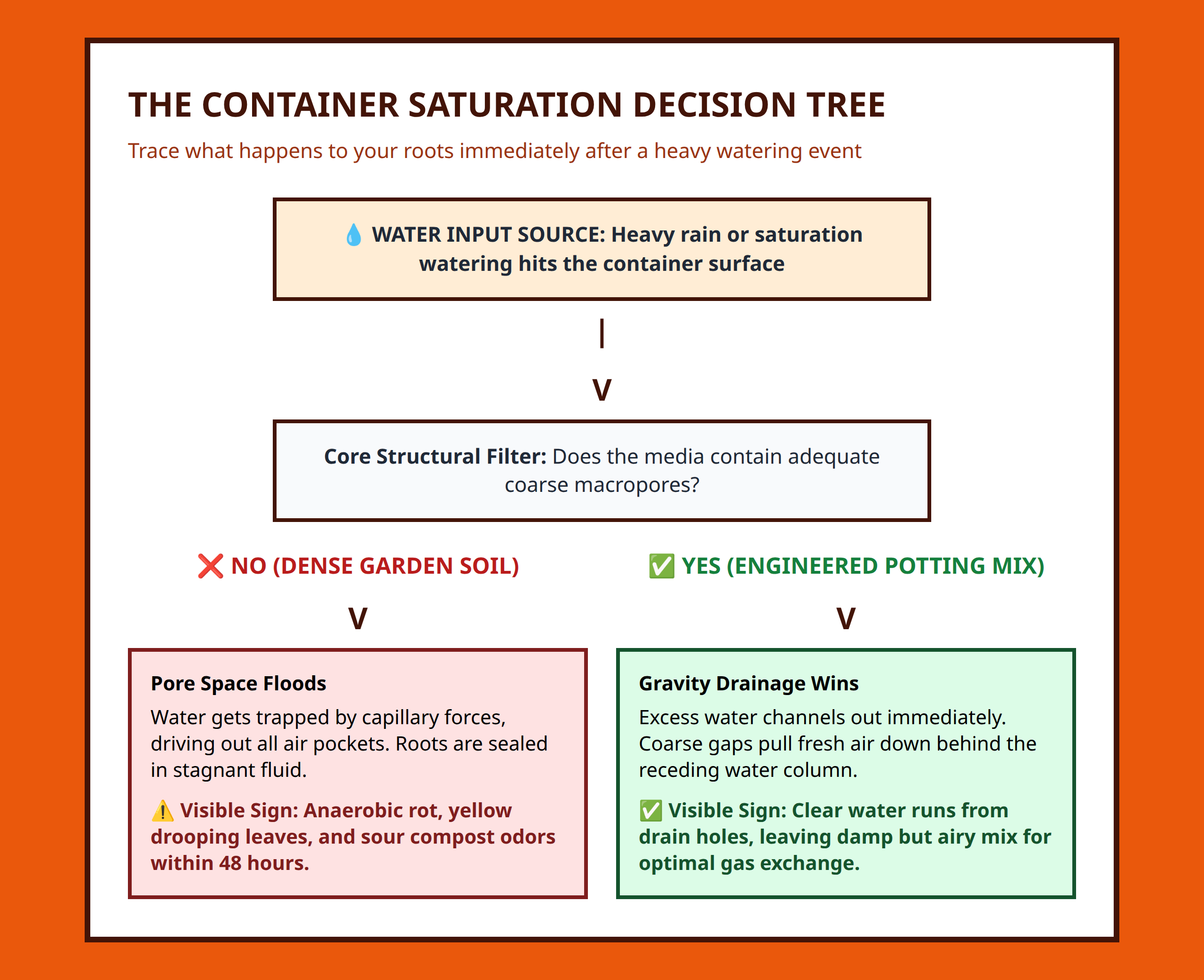 Flowchart showing how water and oxygen interact based on container soil drainage choices