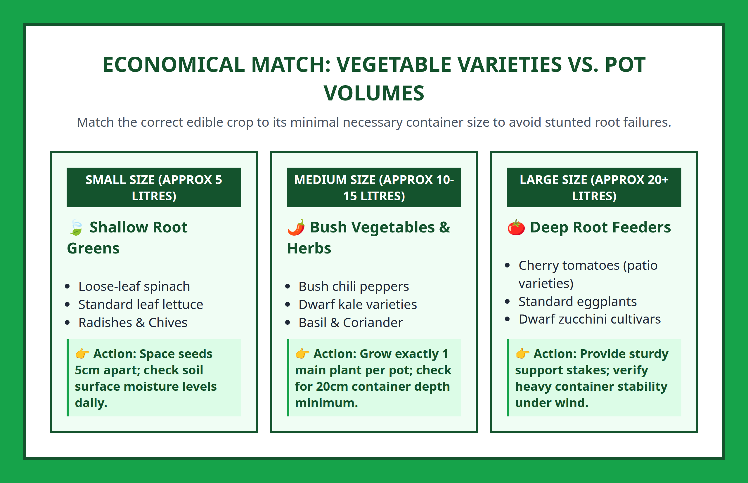 Card grid recommending vegetable crops based on explicit container size requirements
