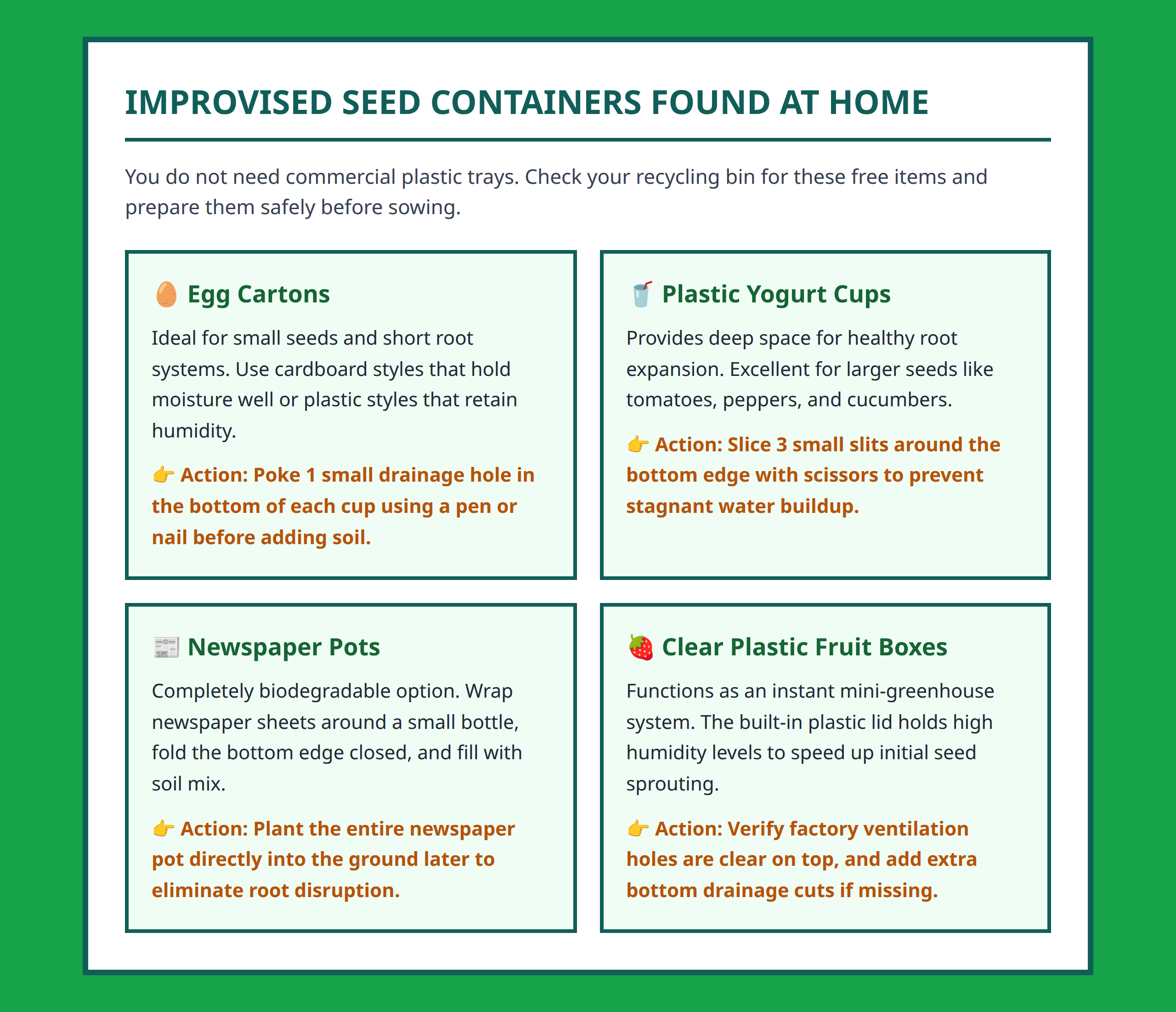 Infographic showing 4 low cost household containers for starting seeds