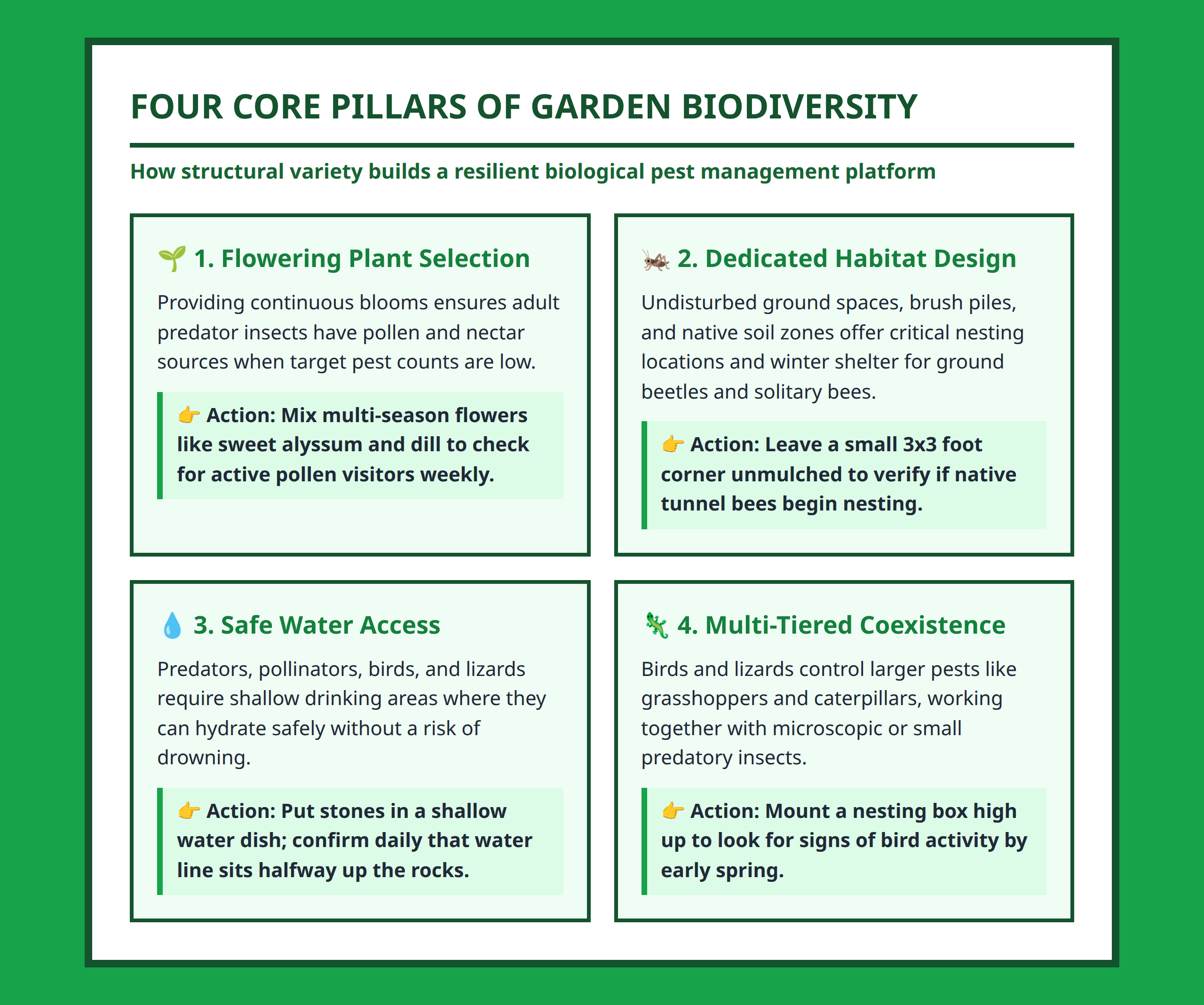 Infographic showing the four core layers of garden biodiversity for beneficial insects