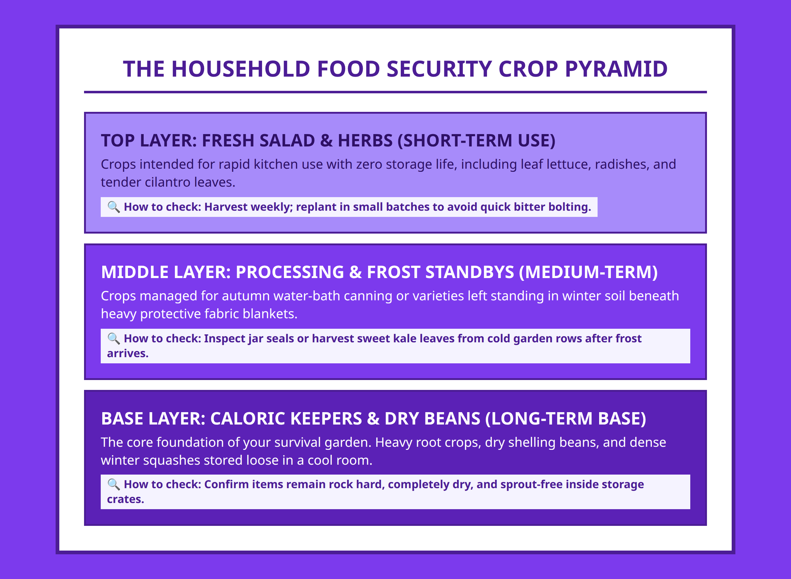 Pyramid framework diagram organizing food security crops from foundational storage to short-term fresh eating.
