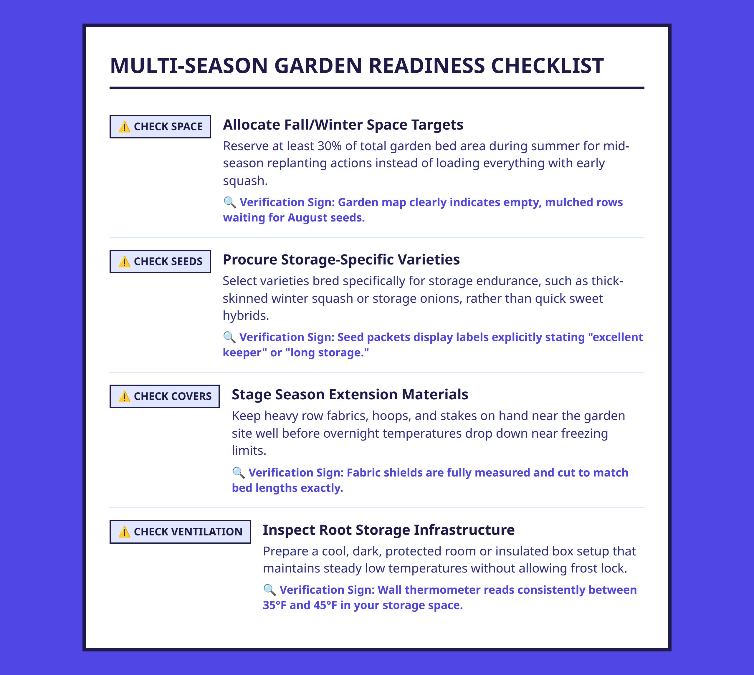 Gardening readiness checklist focused on multi season food production and preservation setup.