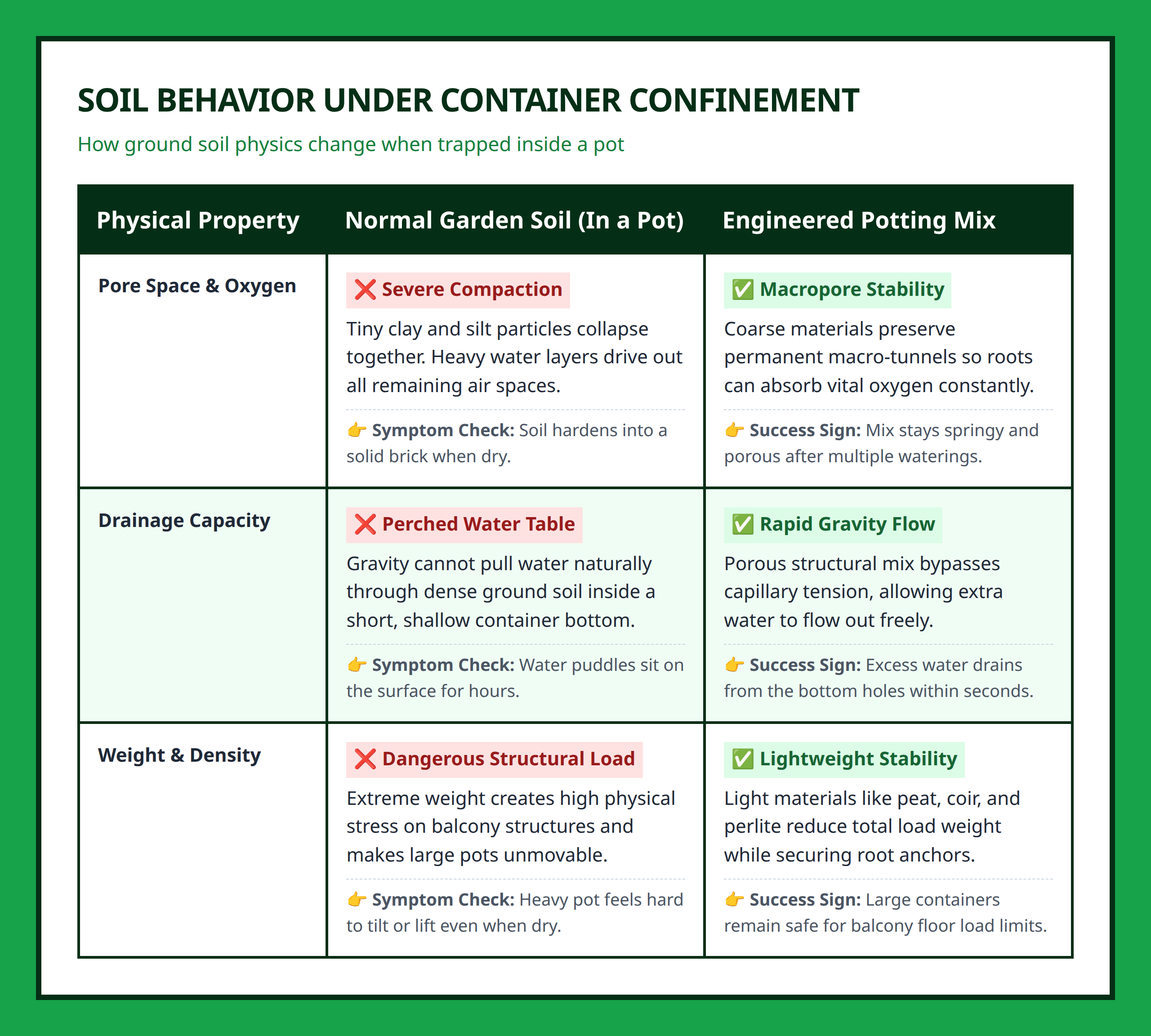 Comparison chart between ground garden soil and engineered container potting mix performance