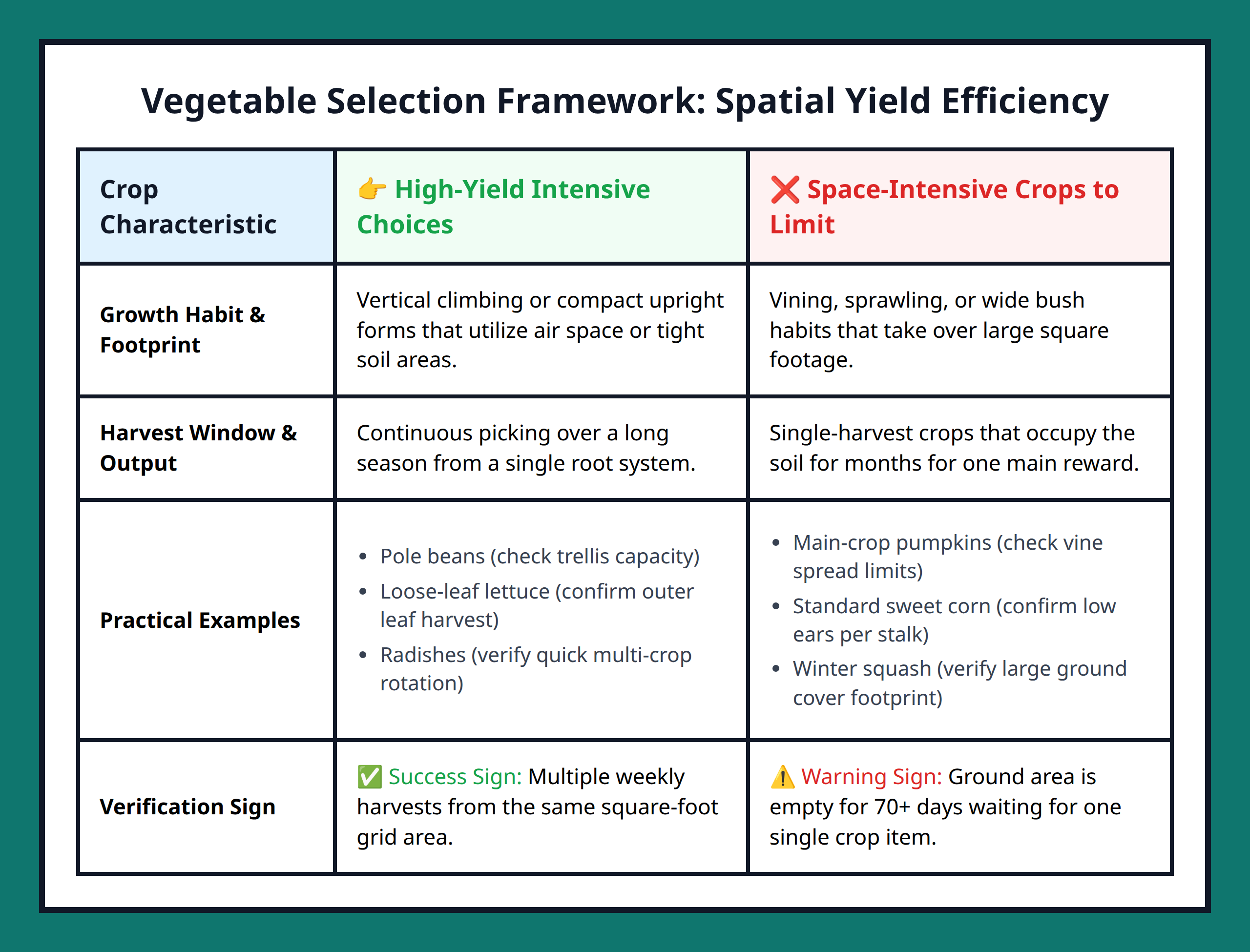 Comparison Table of High Efficiency vs Low Efficiency Vegetables for Small Plots