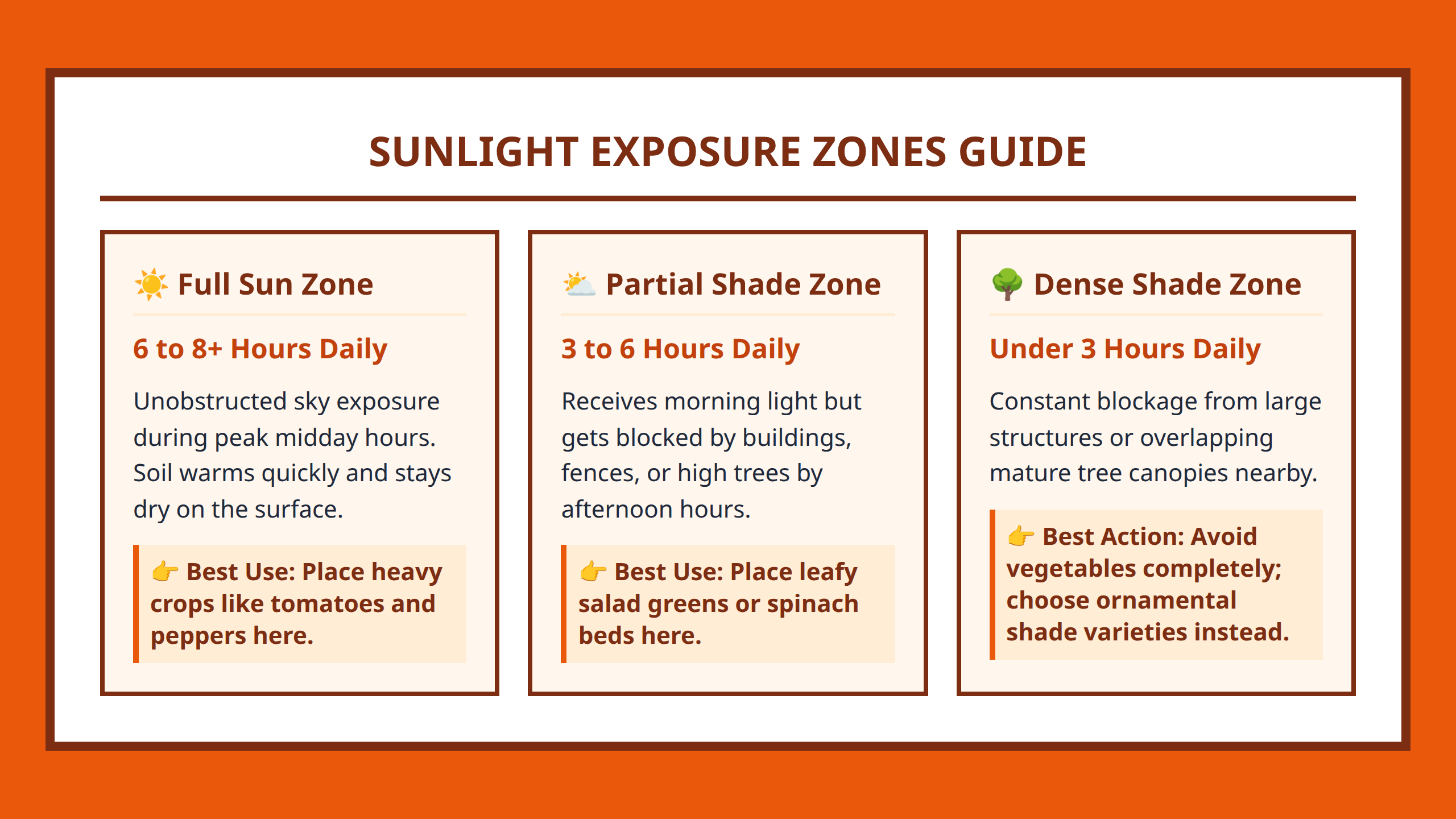 Garden Sunlight Zones - Comparison of Full Sun, Partial Shade, and Dense Shade constraints
