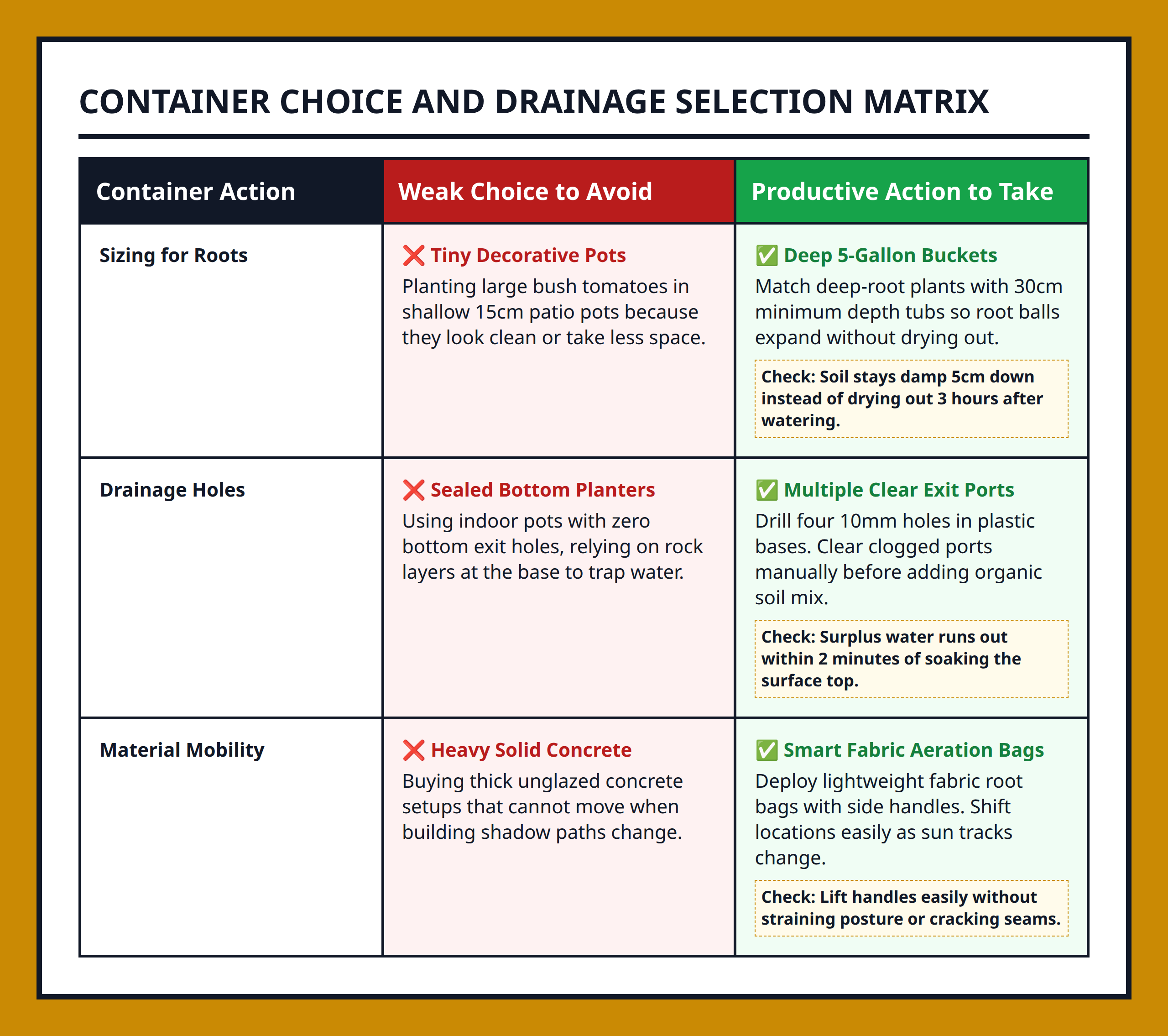 Comparison table contrasting wrong choices vs correct actions for pot select and drainage