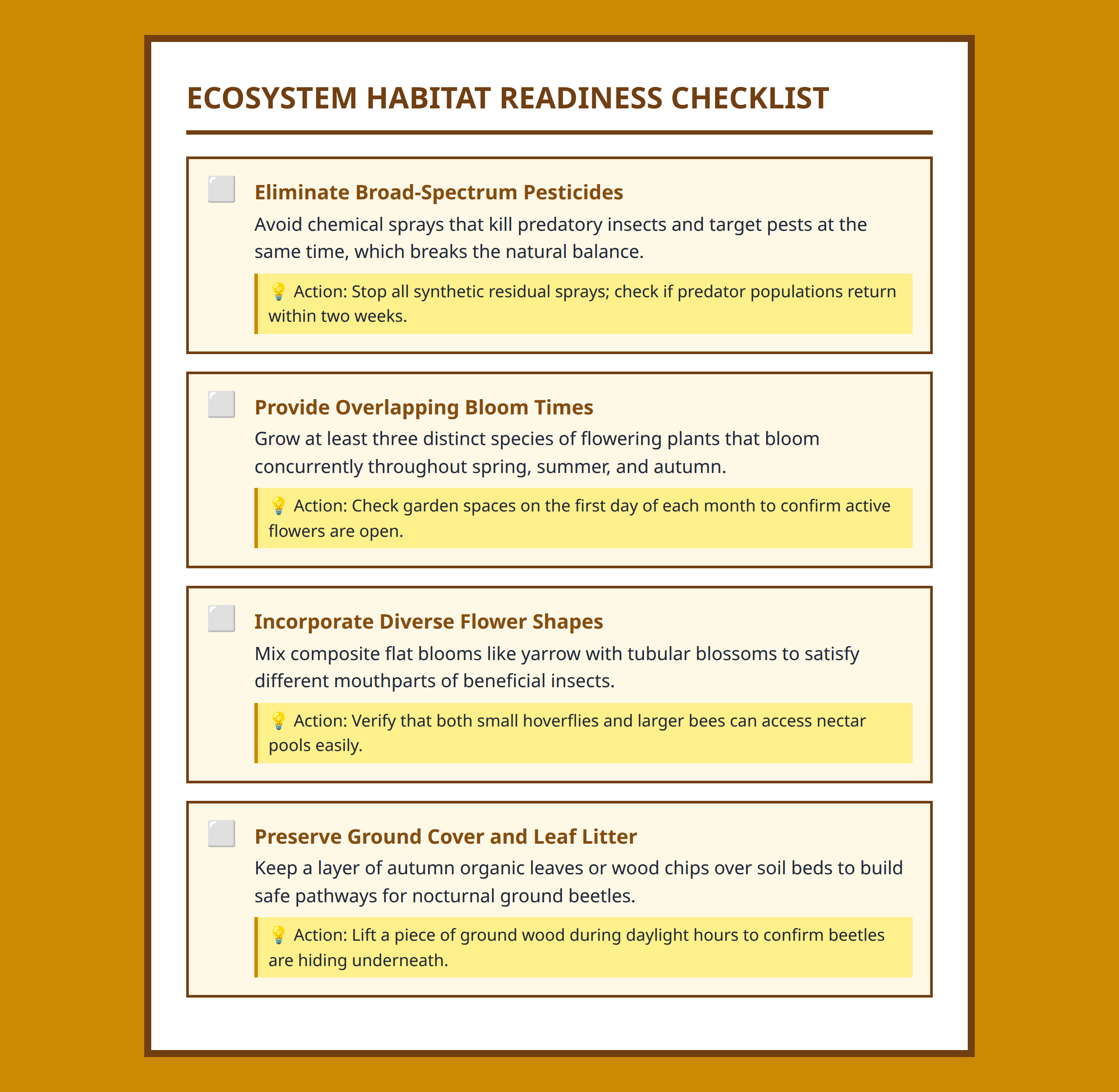 Ecosystem habitat readiness checklist for garden owners to track beneficial insect support