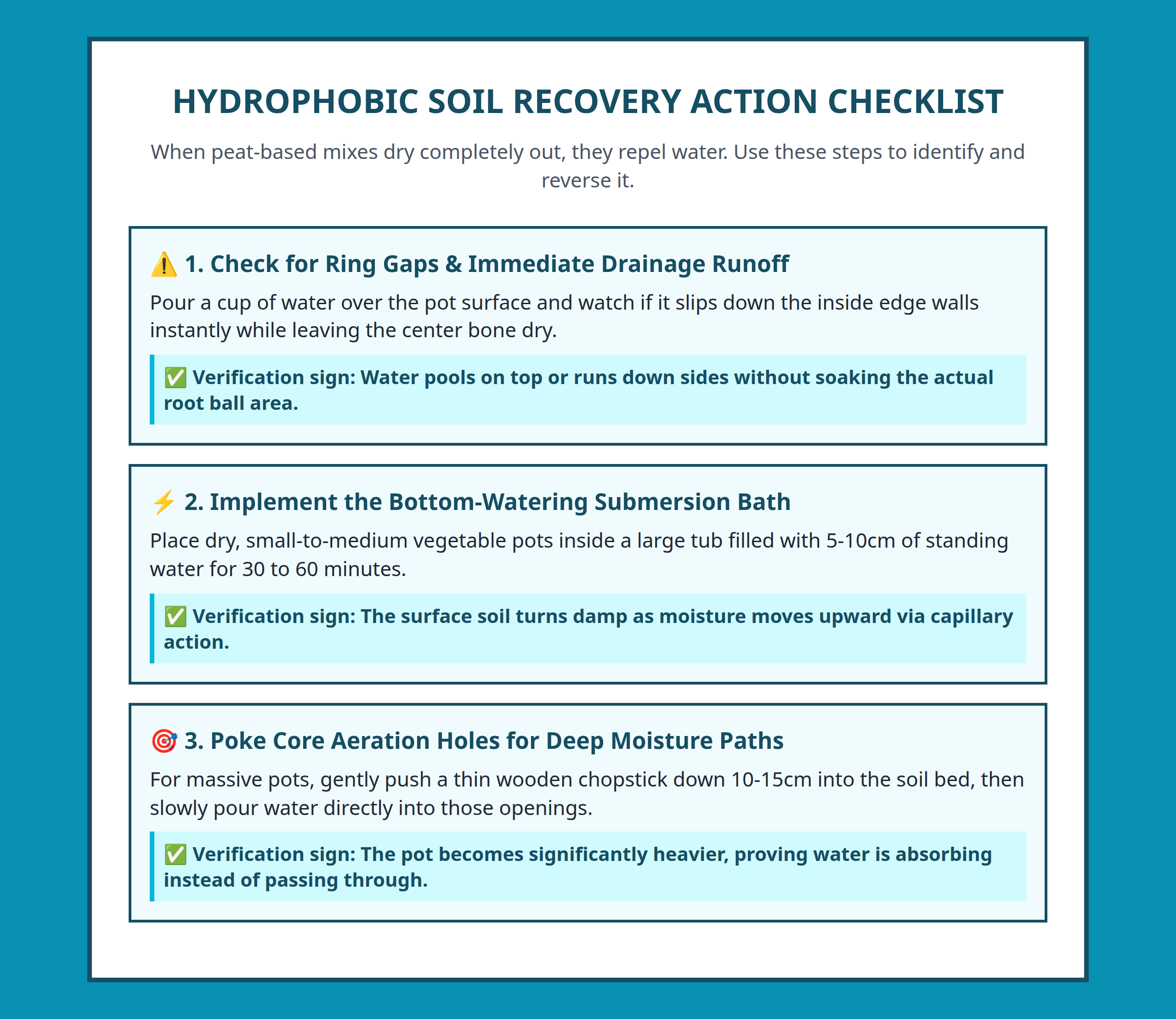 Checklist details for identifying and treating dry hydrophobic soil in container vegetables