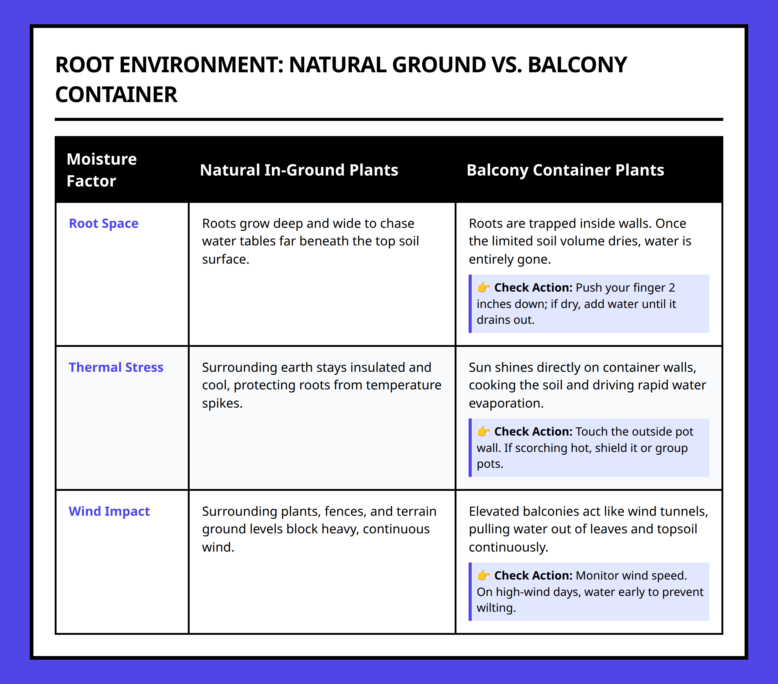 Comparison chart between in ground soil and balcony container pots showing water loss factors