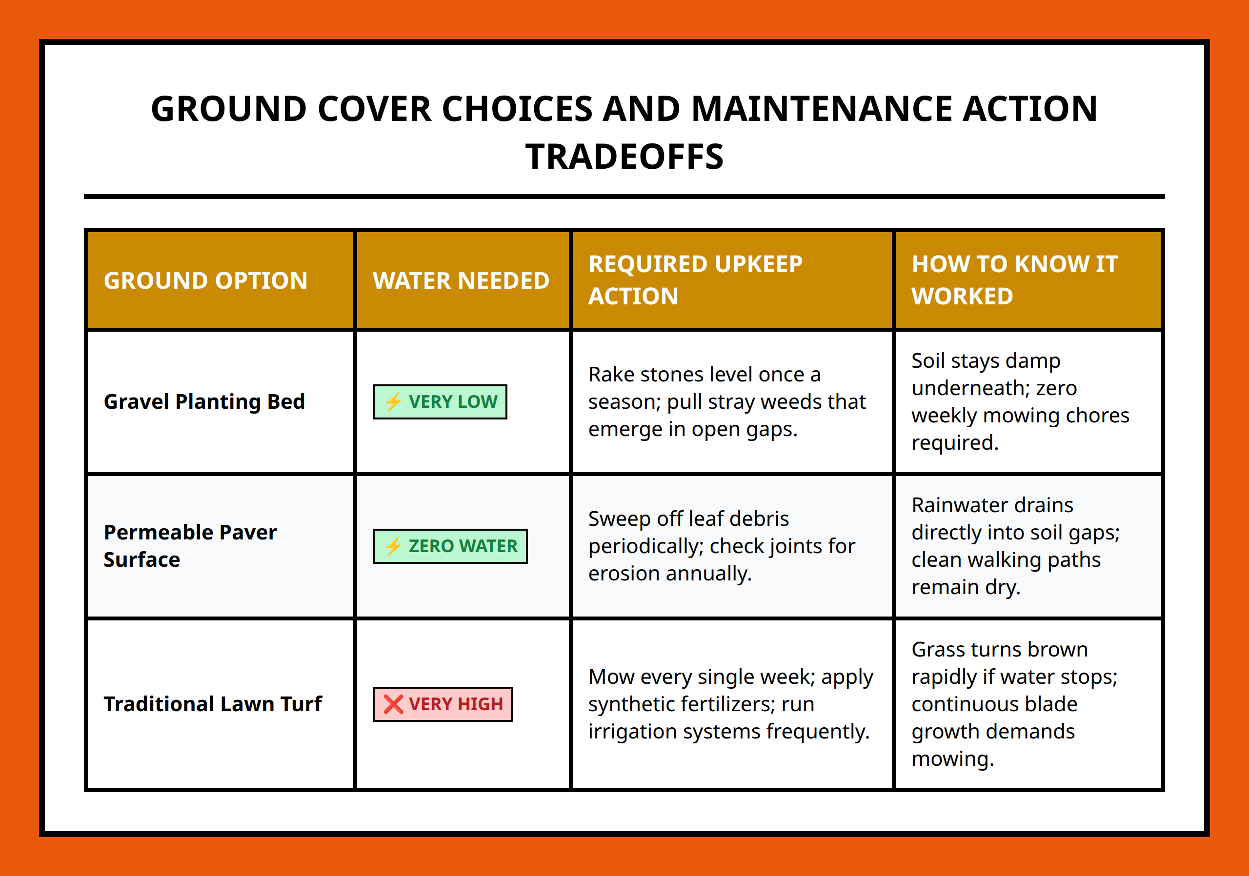 Comparison table comparing gravel planting, pavers, and lawn turf choices