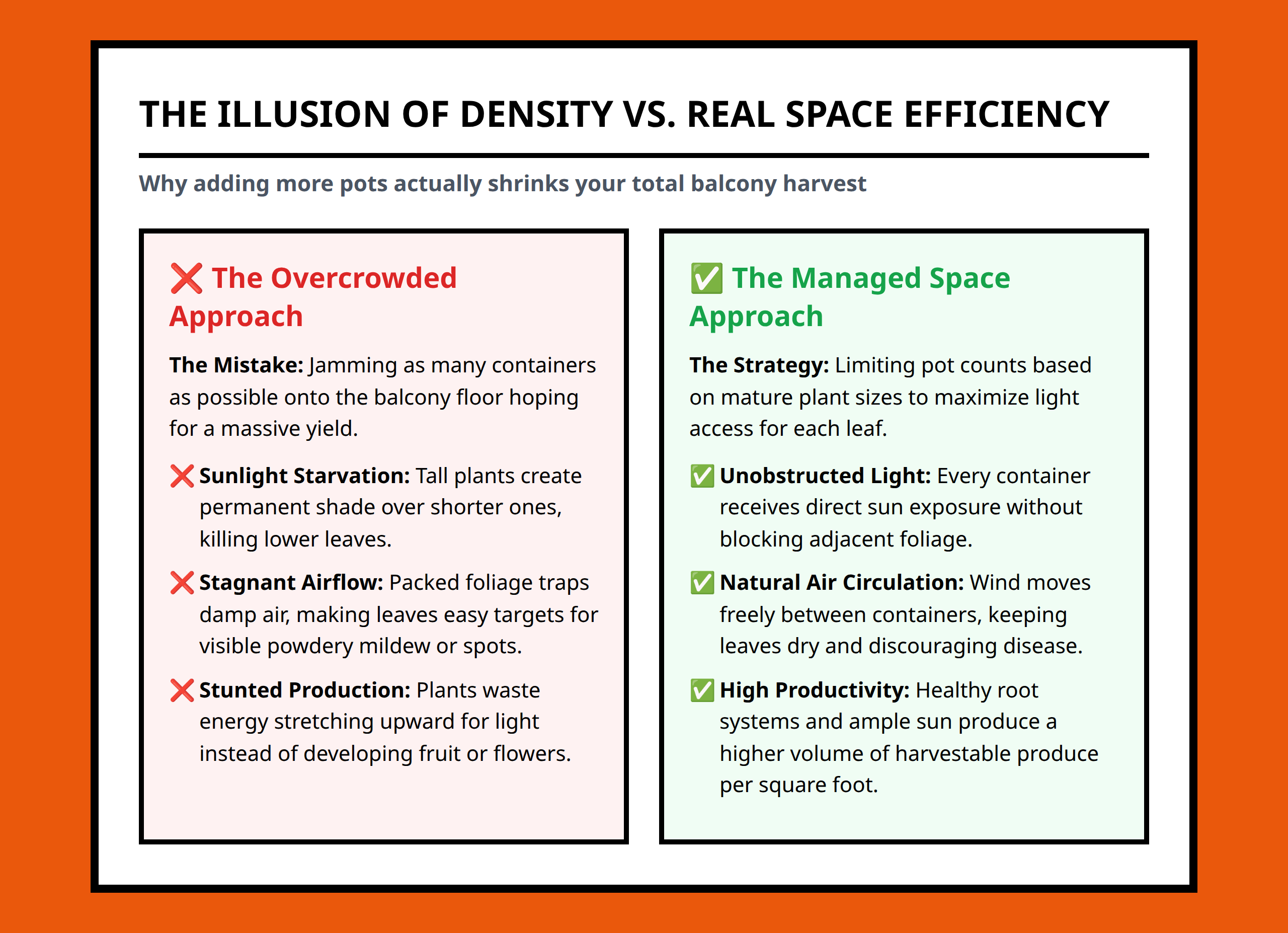 Infographic showing how plant overcrowding reduces balcony garden harvest and causes weak growth
