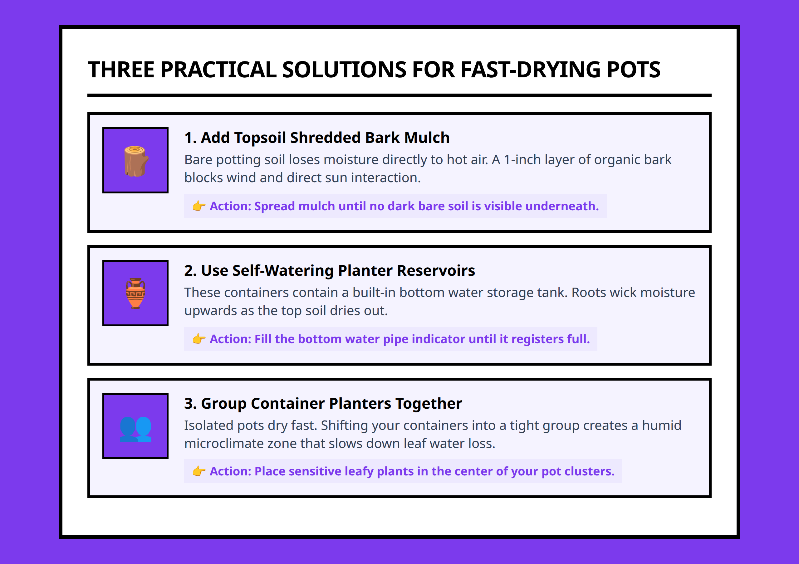 Infographic showing three actionable solutions to keep balcony plant soil moist