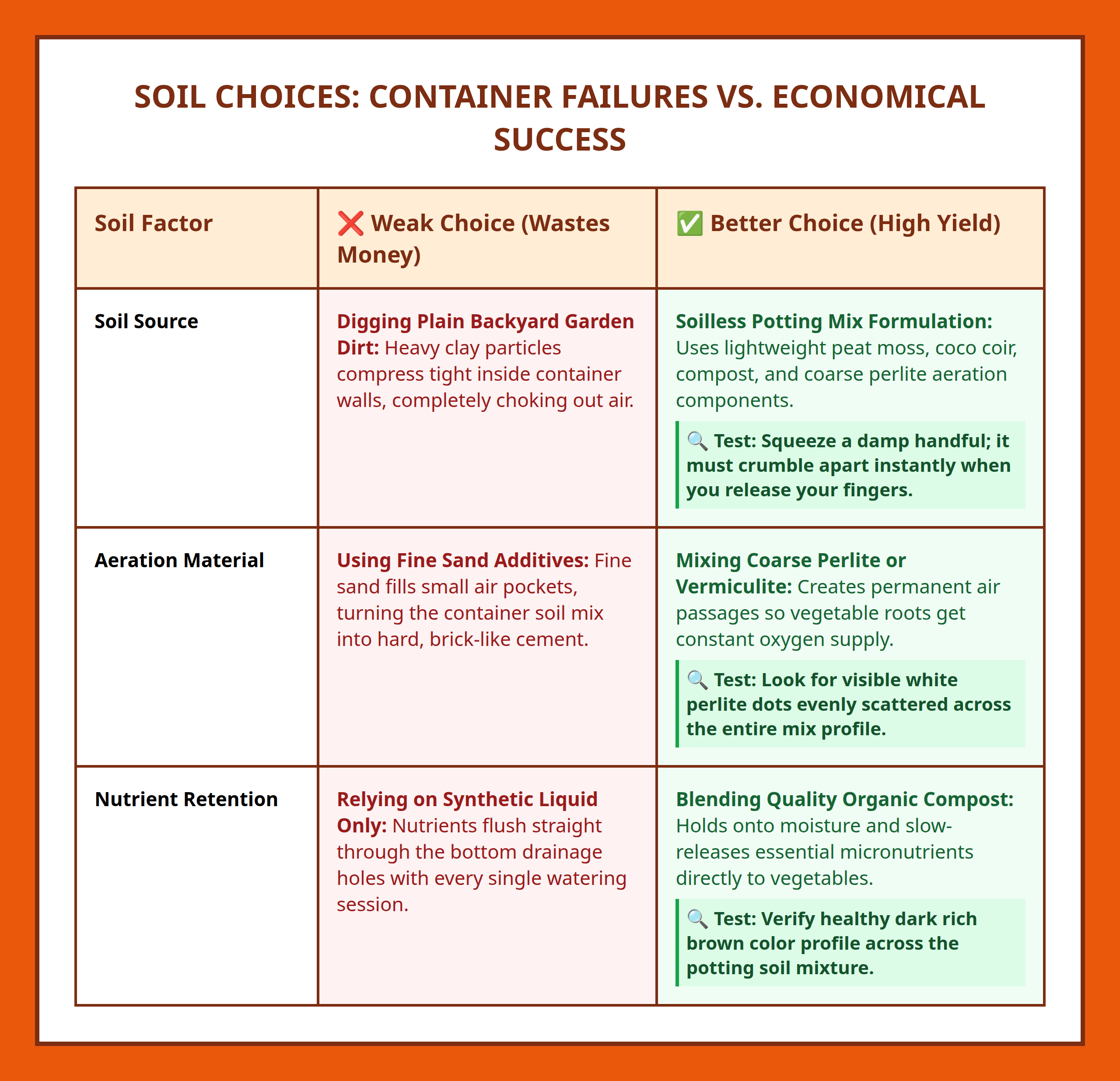 Comparison table displaying wrong garden soil vs right premium potting mix properties for container vegetables