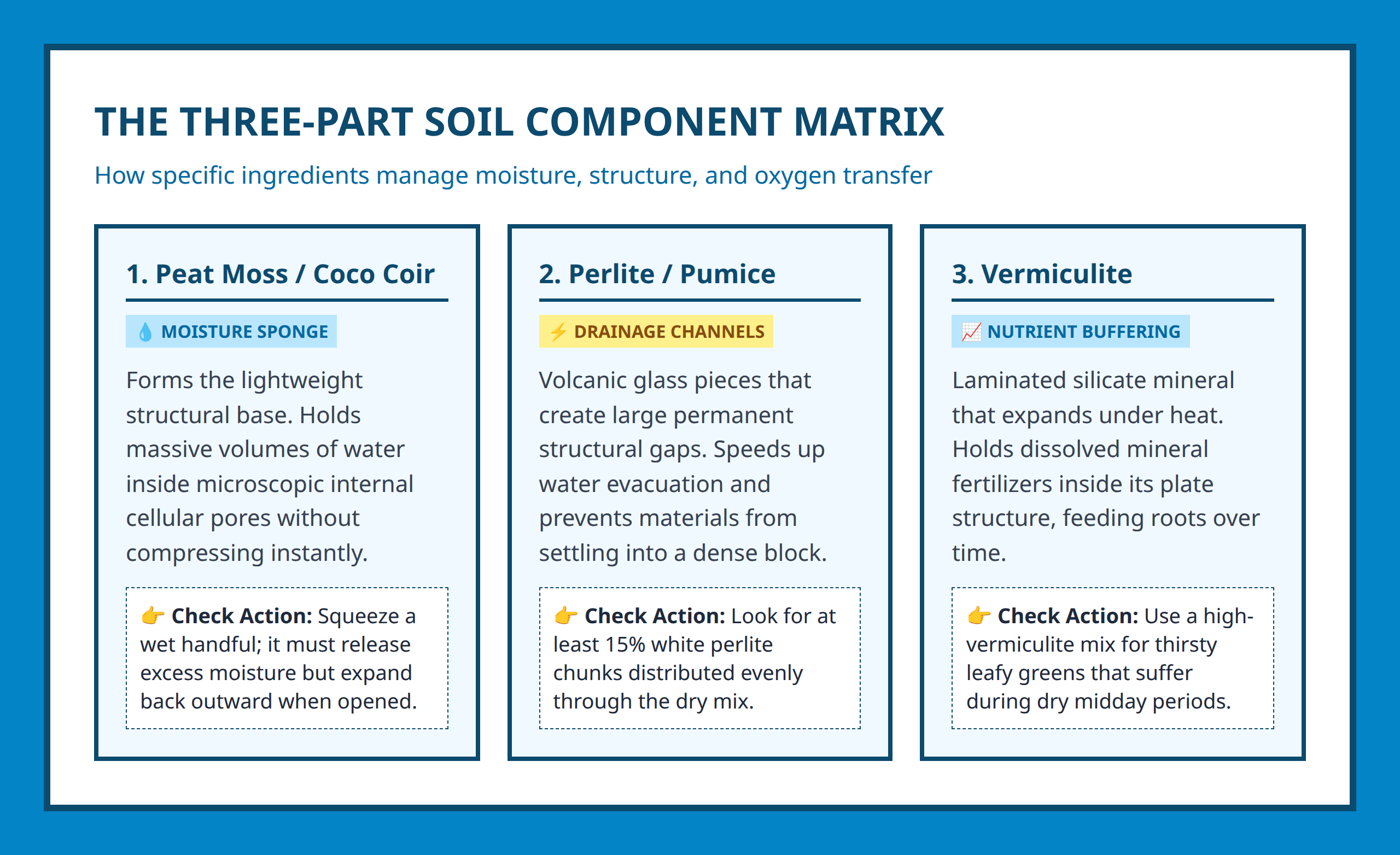 Functional grid breaking down potting soil component materials and their drainage or retention roles