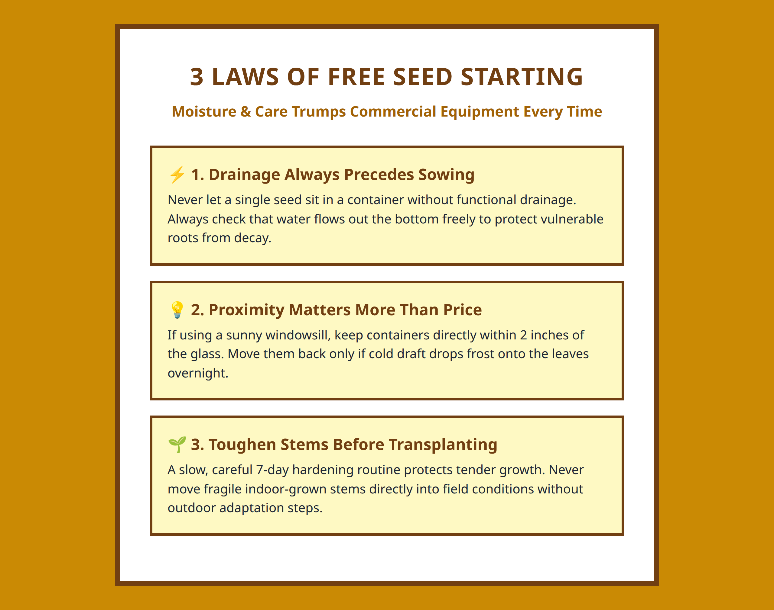 Mini poster containing three golden laws for successful seed starting at home
