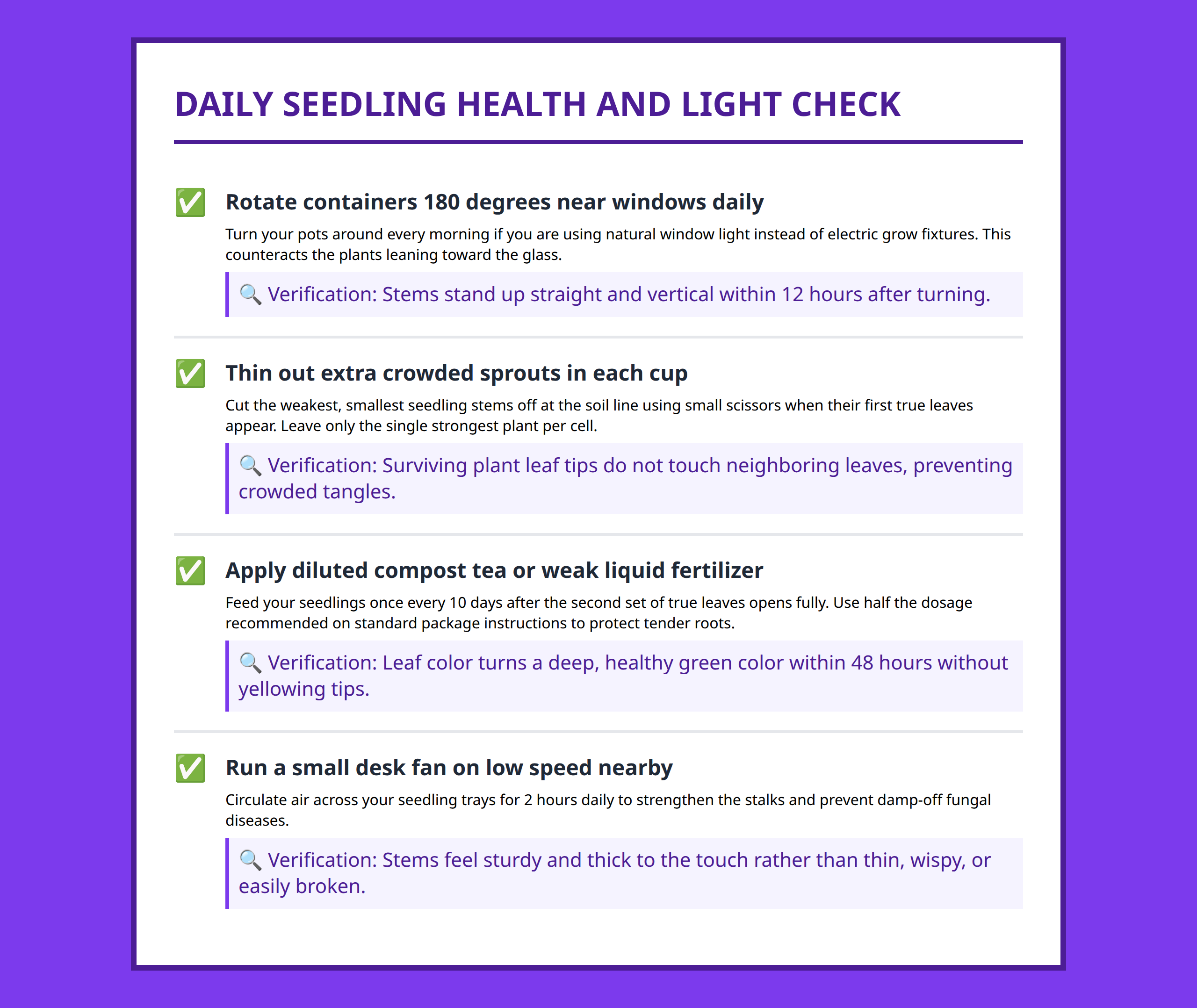 Actionable quality checklist for early stage seedling growth and lighting checks