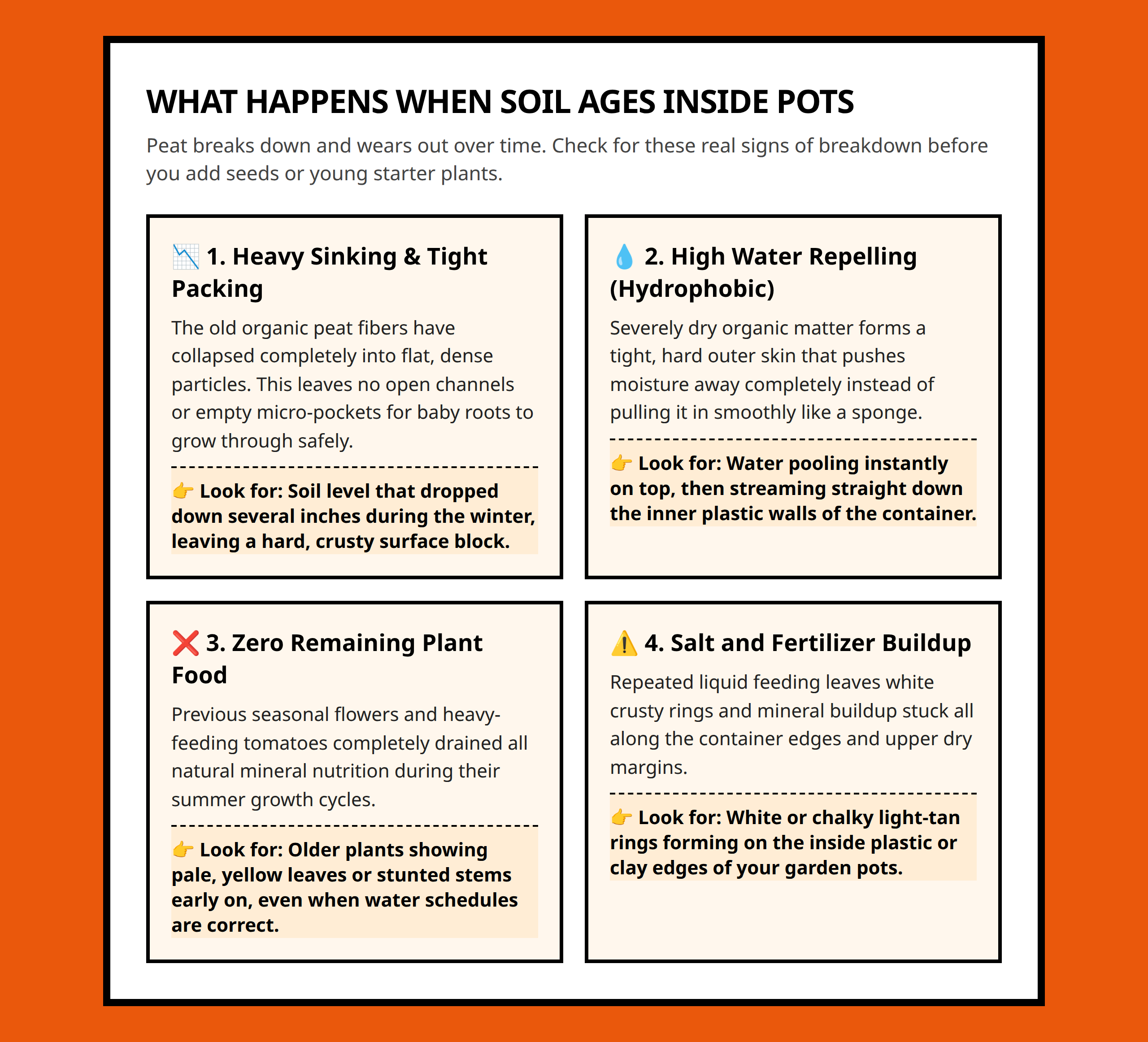 Check old potting soil for visible degradation signs like dense packing or dusty surface texture.