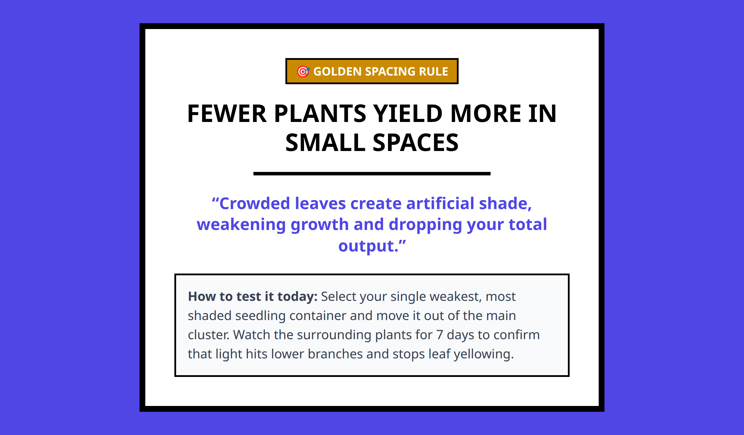 A mini poster summary of the core spatial claim that more plants do not mean better harvest
