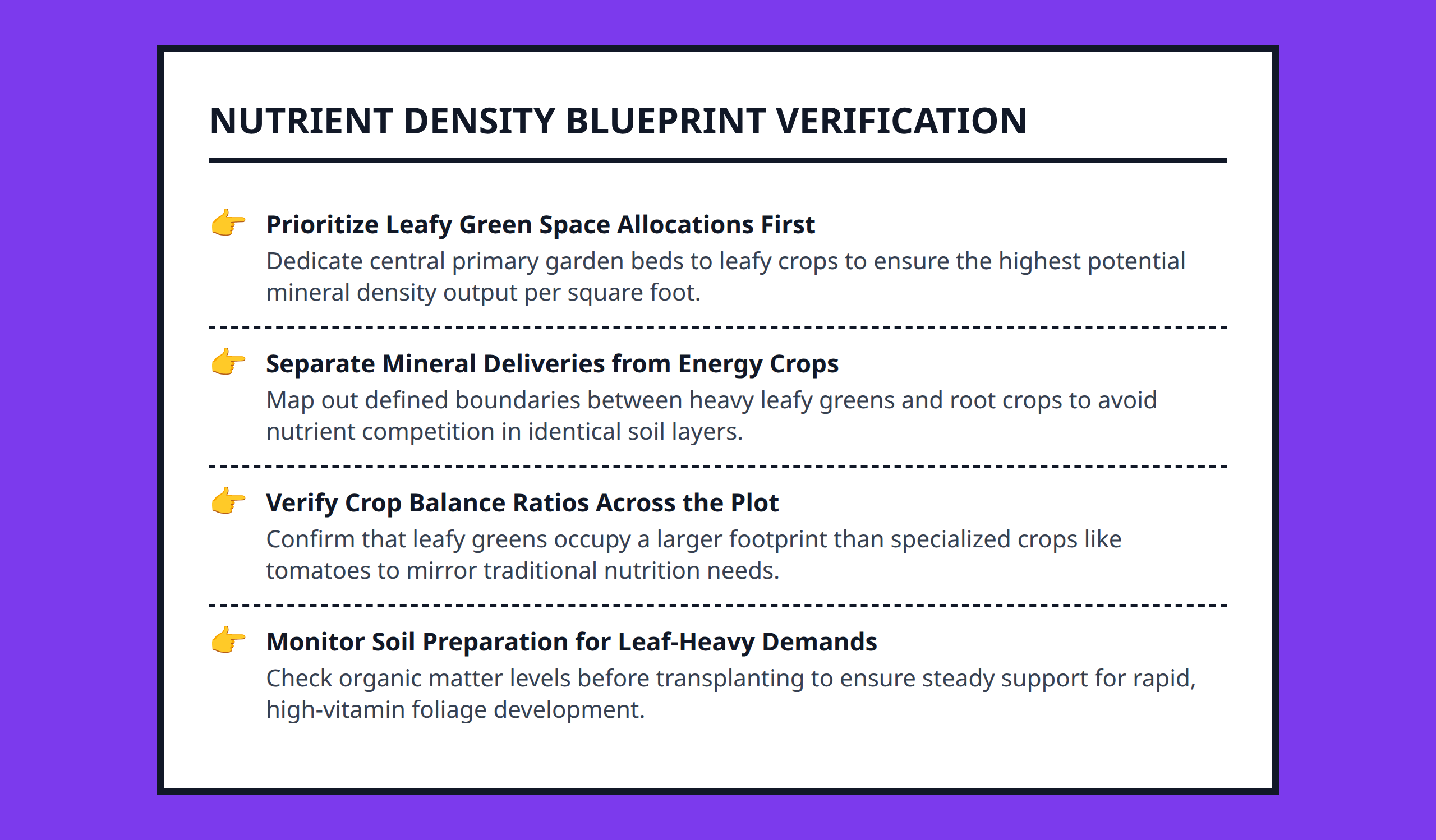 Checklist for evaluating traditional garden planning based on nutrient density