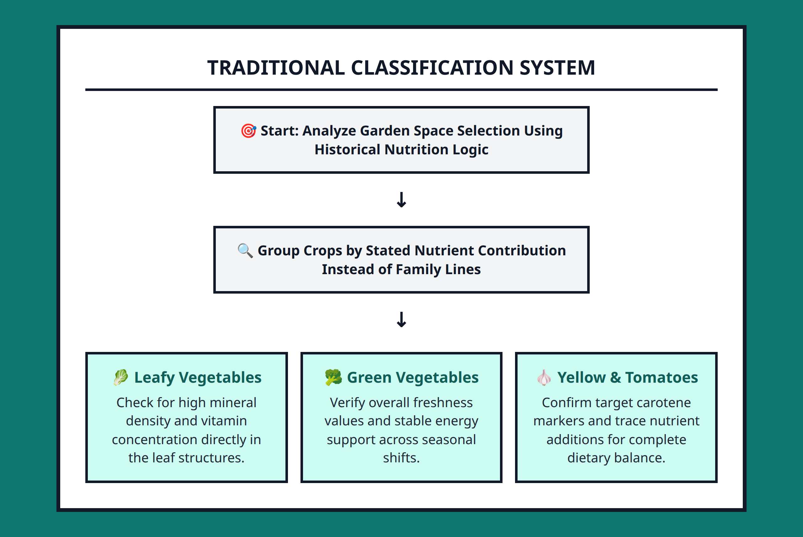 Flowchart showing traditional vegetable classification by their main nutrient contribution